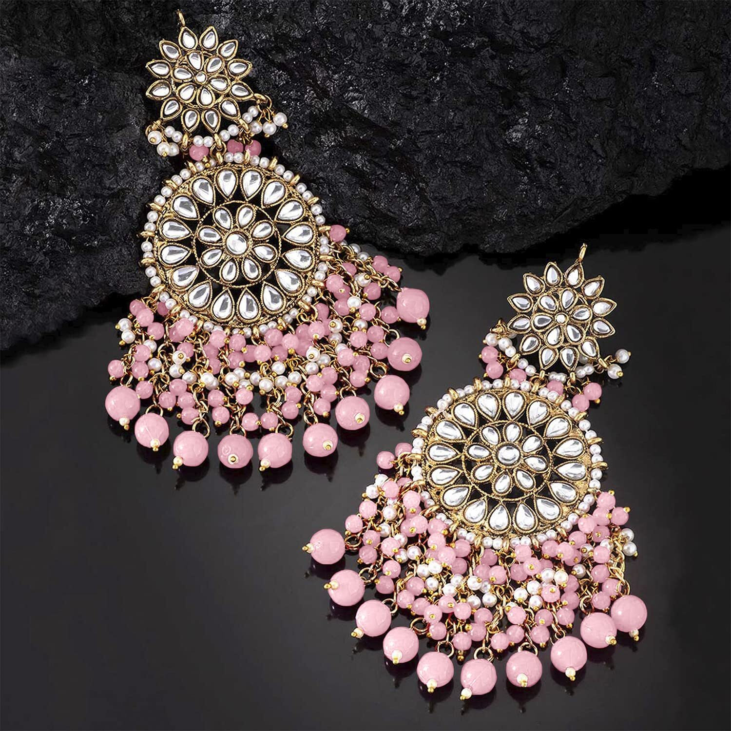 Peora Gold Plated Kundan Pearl Pink Chandbali Long Dangle Earrings Indian Traditional Ethnic Jewellery for Women|Rakhi Rakshabandhan Gift for Sister Bhabhi, Gifts for Women