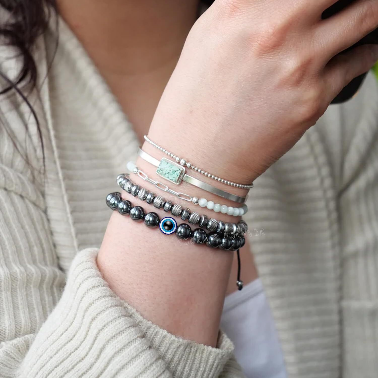 Young & Forever Evil Eye Original Nazariya Hematite Bead Hand Bracelets Beads Women Bracelet for Men Nazar Accessories Woman Girls