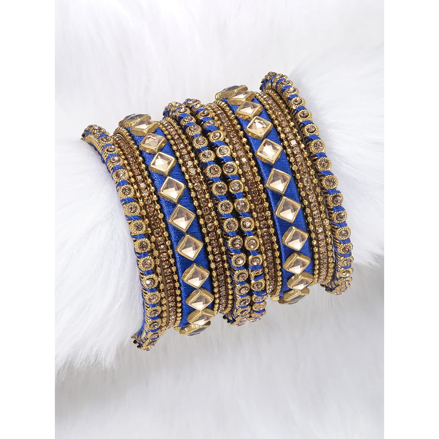 Peora Blue Silk Thread Kundan Chuda Chura Bangle Set For Women and Girls (Size - 2.6)
