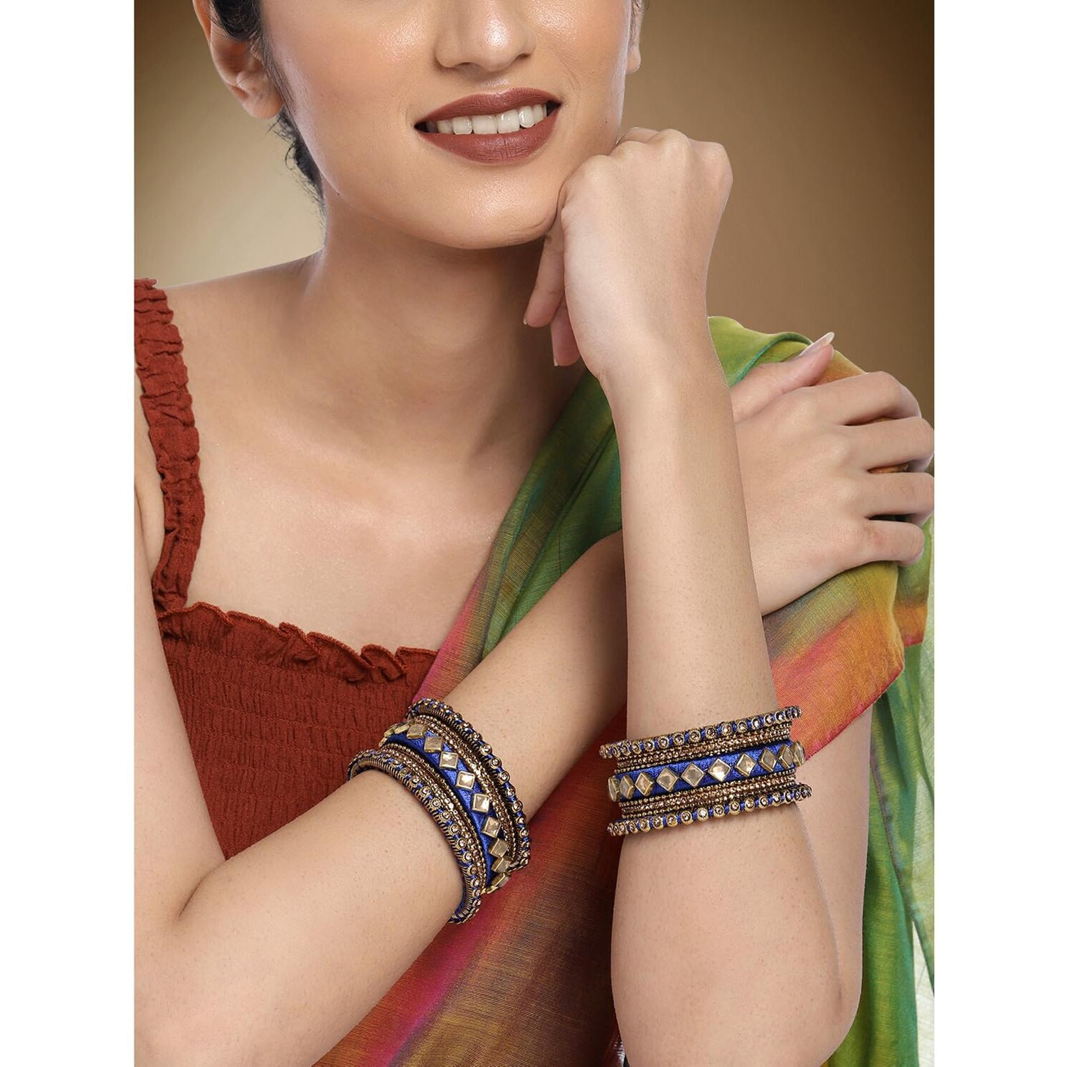 Peora Blue Silk Thread Kundan Chuda Chura Bangle Set For Women and Girls (Size - 2.6)