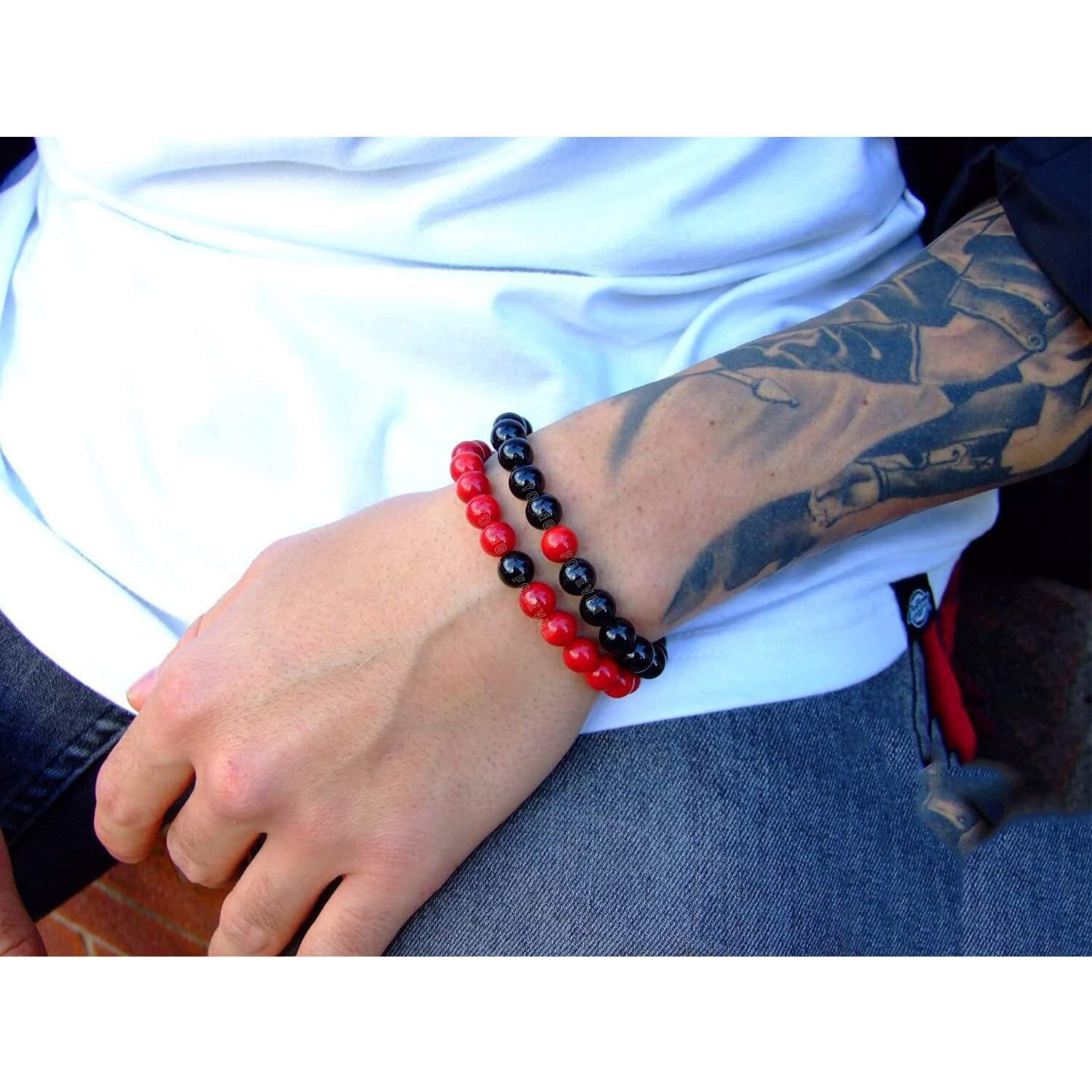 Young & Forever Gift Mens Beaded Bracelets Onyx Stone Beads for Women Anxiety Long Distance Relationships Red Onyx Couples Bracelets Set of 2 Couples Gift