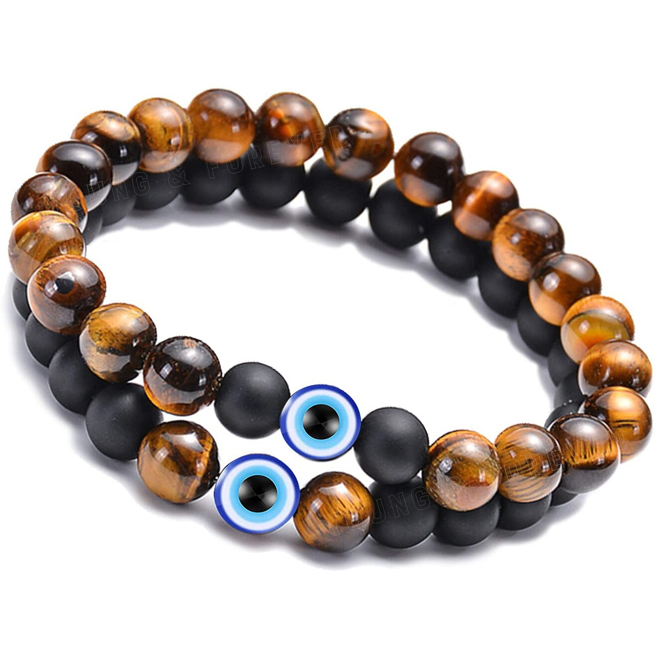 Young & Forever Gift Evil Eye Mens Beaded Onyx Stone Beads For Women Anxiety Long Distance Relationships Tigers Eye Couples Bracelets Set Matching Bracelet