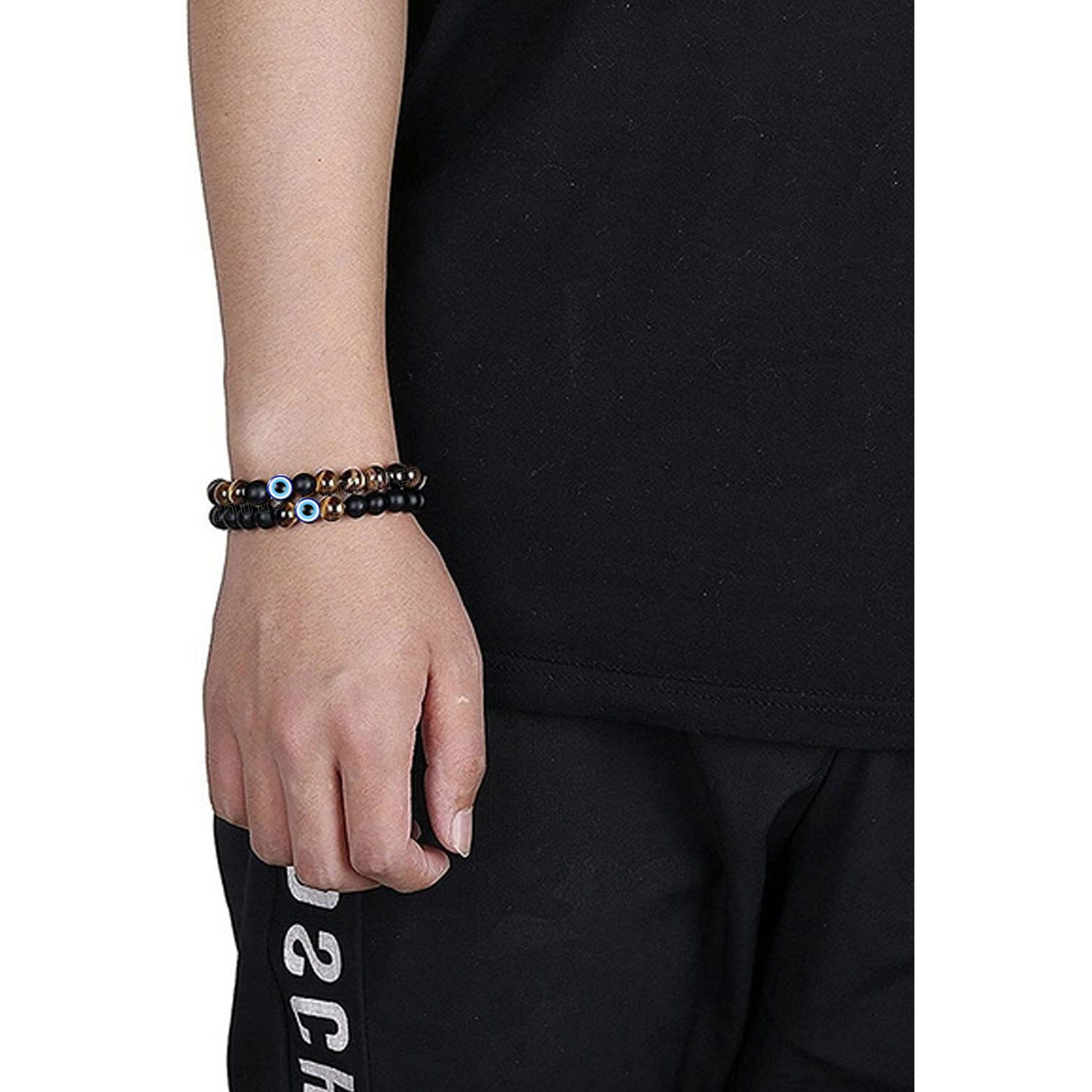 Young & Forever Gift Evil Eye Mens Beaded Onyx Stone Beads For Women Anxiety Long Distance Relationships Tigers Eye Couples Bracelets Set Matching Bracelet