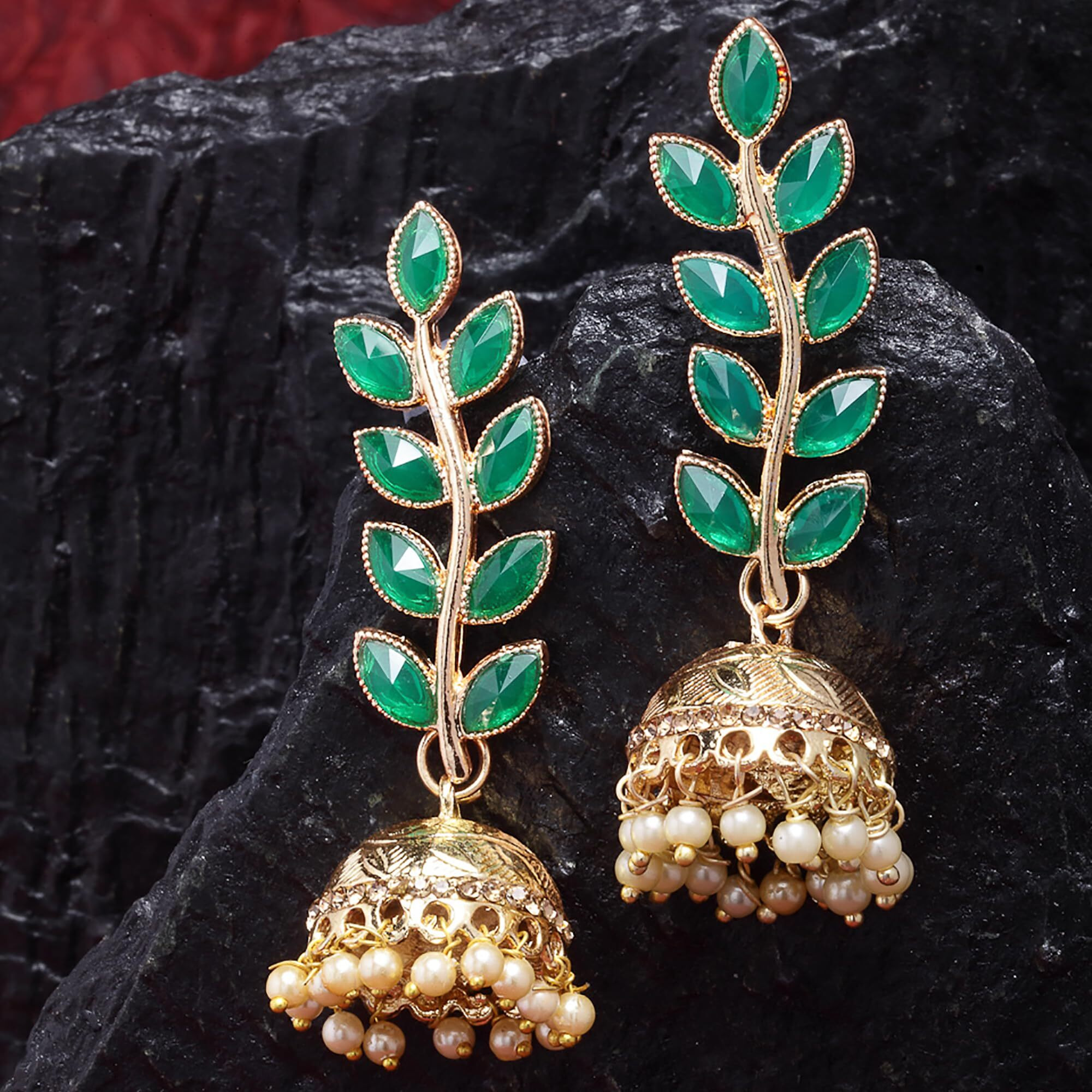 ZENEME Antique Rhodium Plated Dangler and Jhumka styled Earrings for girls and women (Green-Gold)