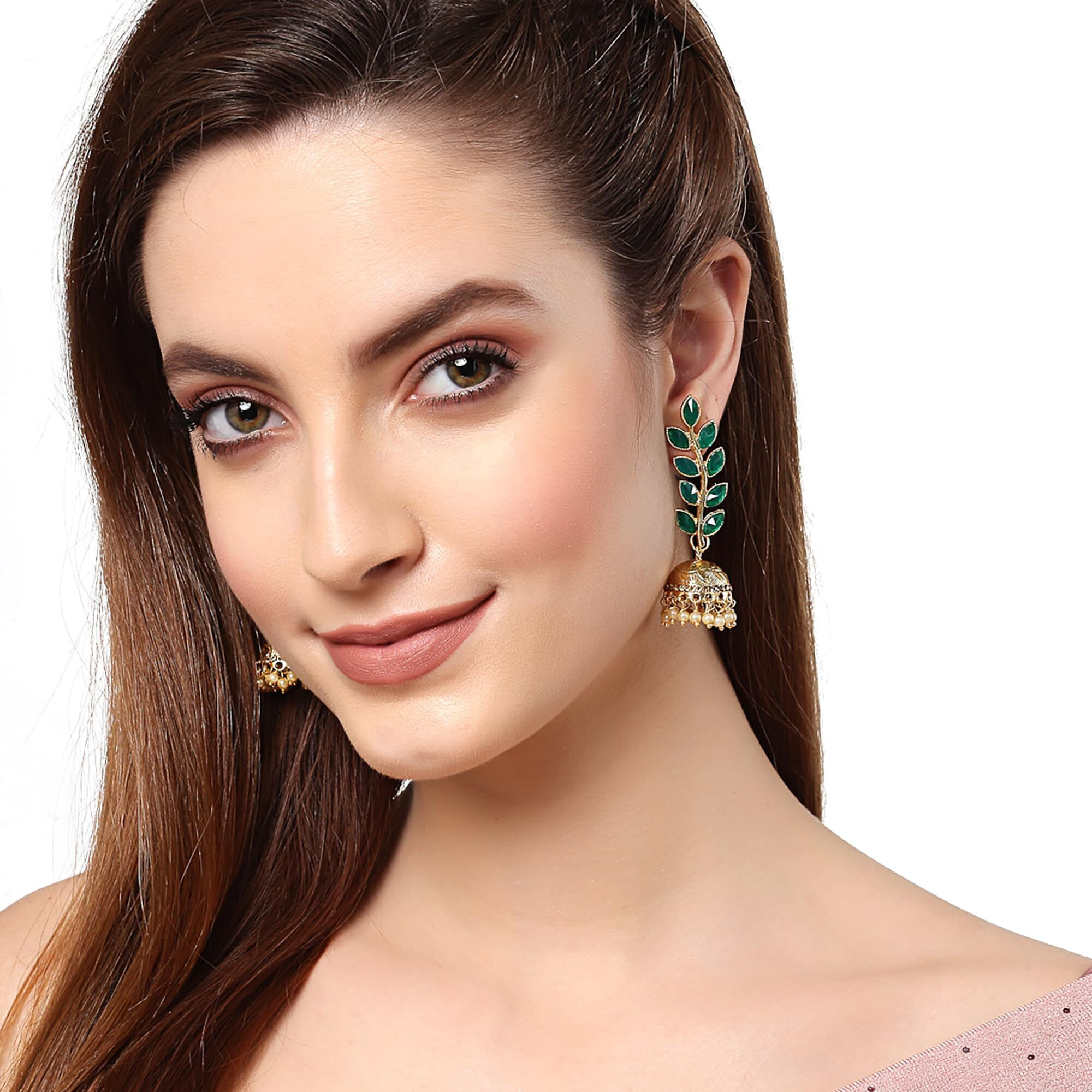 ZENEME Antique Rhodium Plated Dangler and Jhumka styled Earrings for girls and women (Green-Gold)