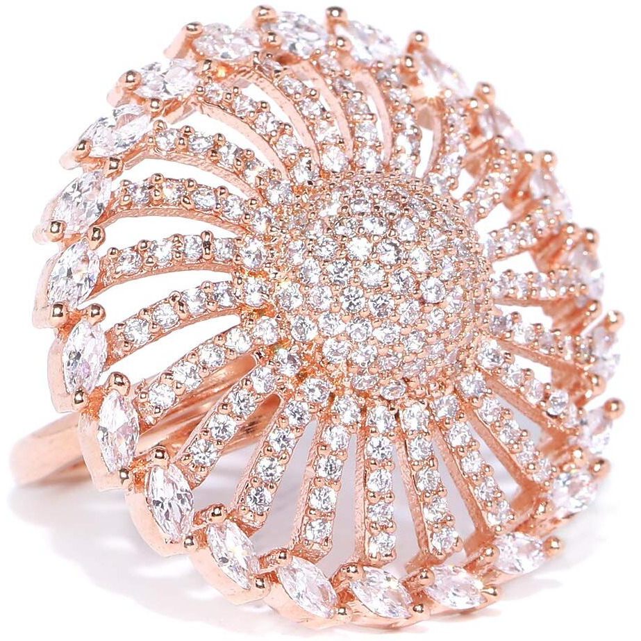 Priyaasi Elegant American Diamond Ring for Women | Round Flower Design | Rose Gold Ring (Plated) | Adjustable Fit | Oversized Cocktail Ring for Girls for Wedding & Parties