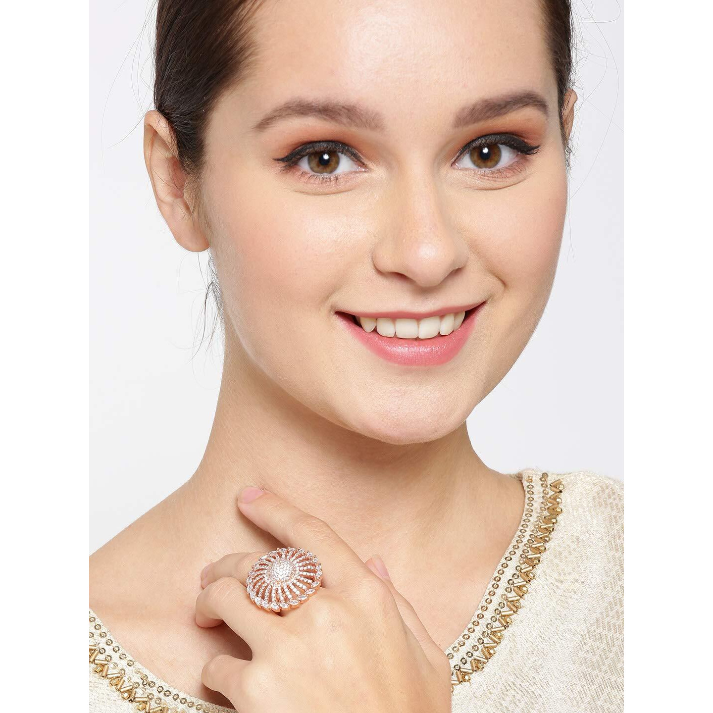 Priyaasi Elegant American Diamond Ring for Women | Round Flower Design | Rose Gold Ring (Plated) | Adjustable Fit | Oversized Cocktail Ring for Girls for Wedding & Parties