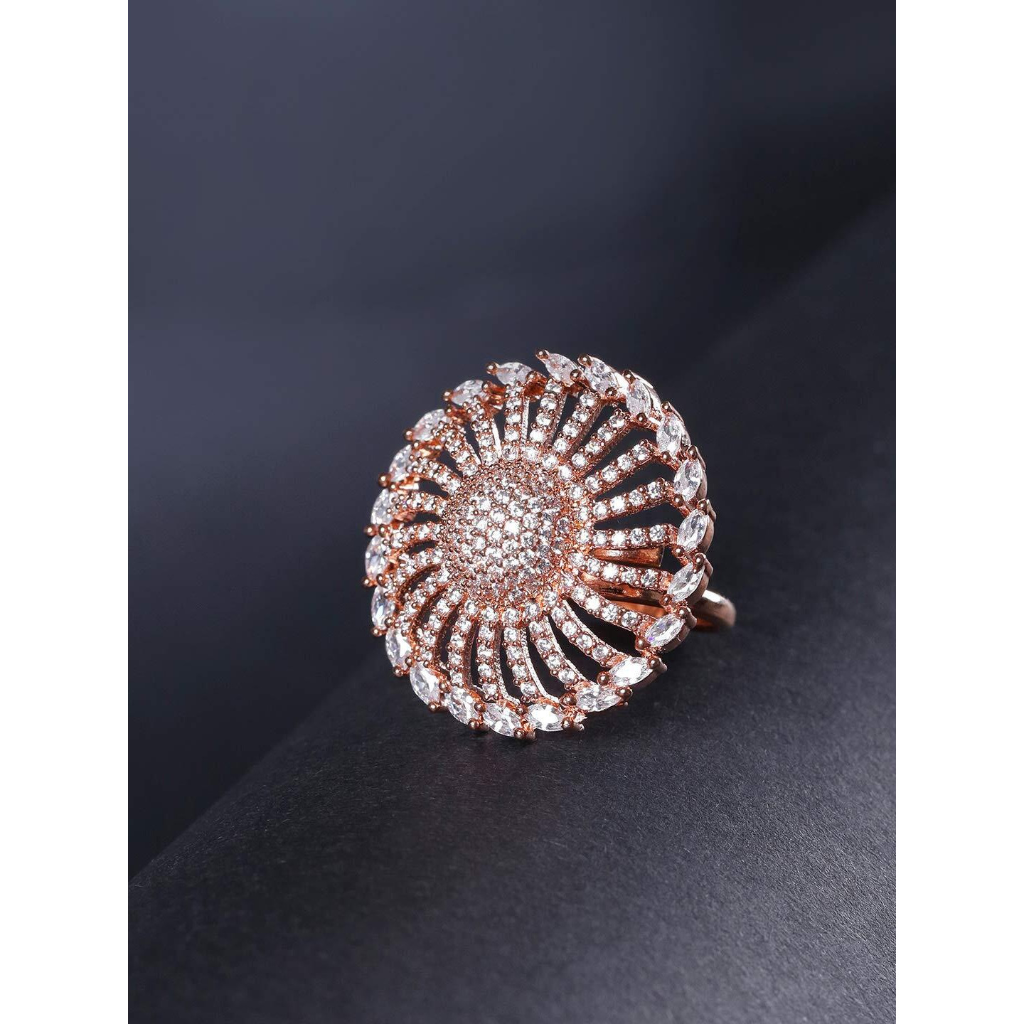 Priyaasi Elegant American Diamond Ring for Women | Round Flower Design | Rose Gold Ring (Plated) | Adjustable Fit | Oversized Cocktail Ring for Girls for Wedding & Parties