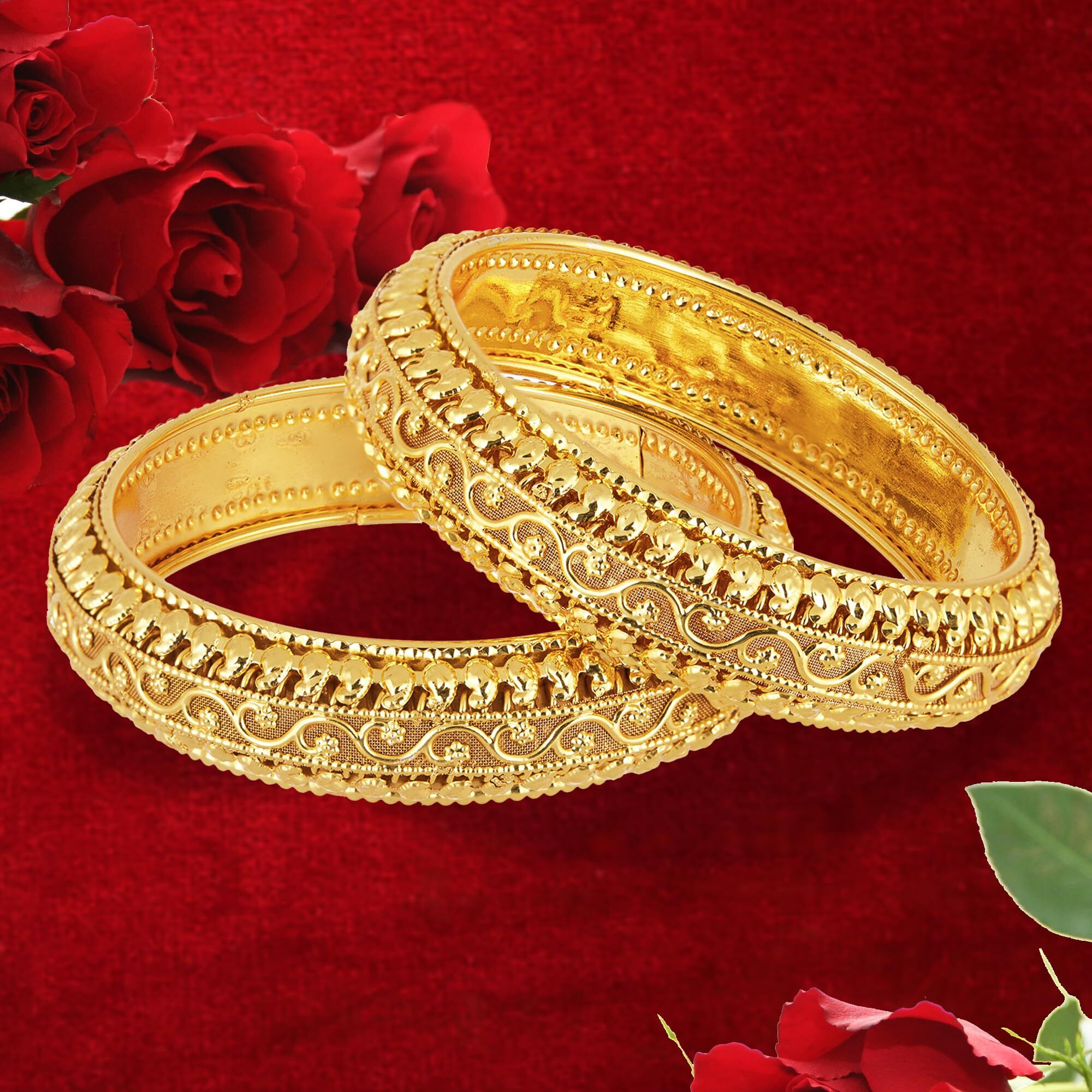 ZENEME Bangle Gold Plated American Studded Royal Style Broad Golden Antique Kada Bangle Jewellery Combo Of 2 For Girls & Women (Gold, 2.6)