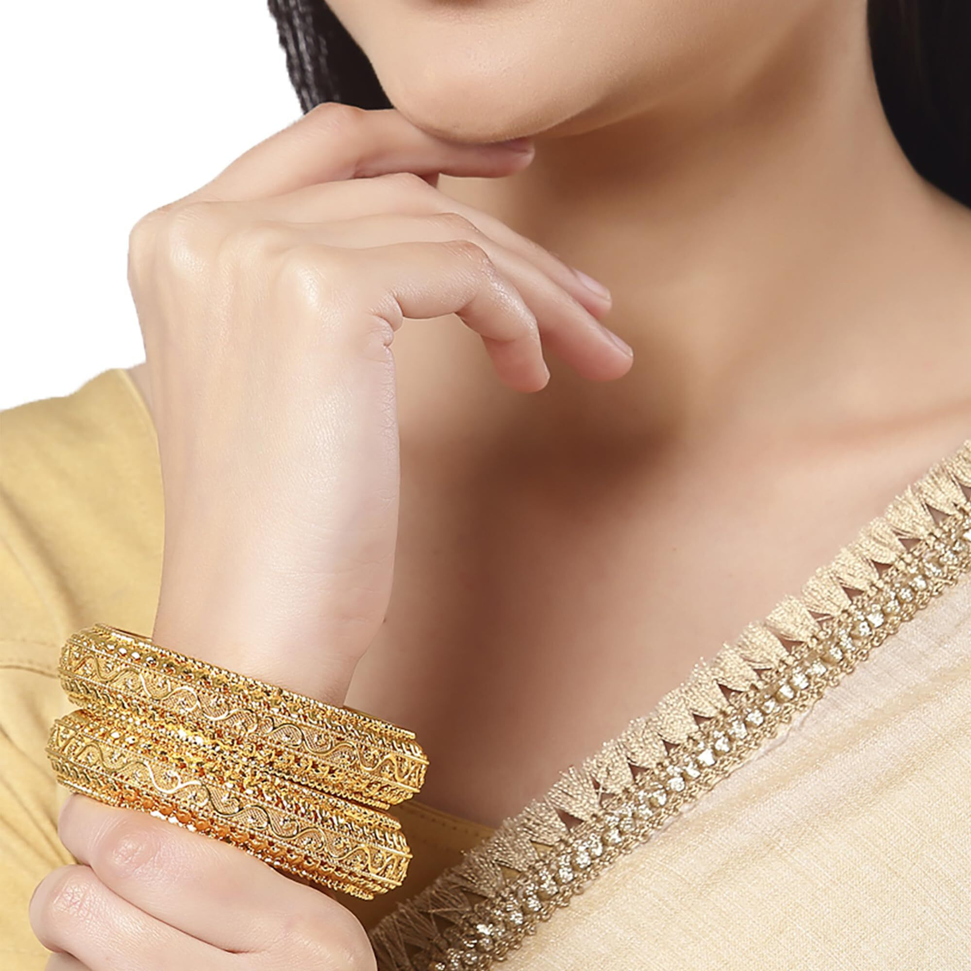 ZENEME Bangle Gold Plated American Studded Royal Style Broad Golden Antique Kada Bangle Jewellery Combo Of 2 For Girls & Women (Gold, 2.6)
