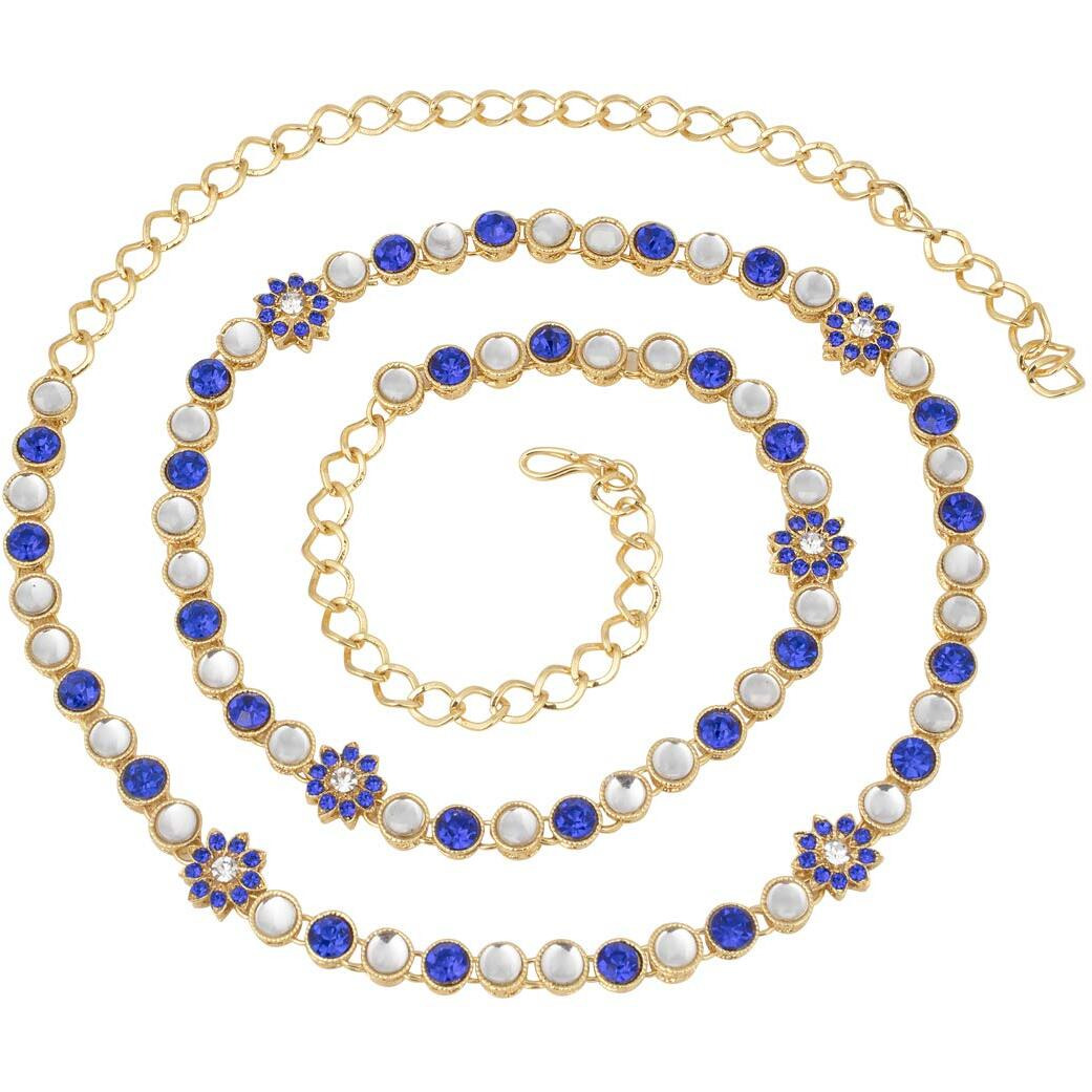 Peora Traditional Jewellery 18K Gold Plated Blue Kundan Waist Belt Kamarband Belly Chain for Women Girls