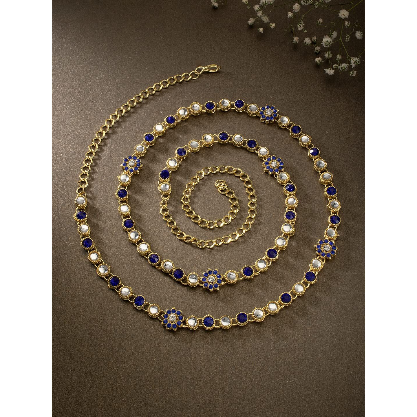 Peora Traditional Jewellery 18K Gold Plated Blue Kundan Waist Belt Kamarband Belly Chain for Women Girls