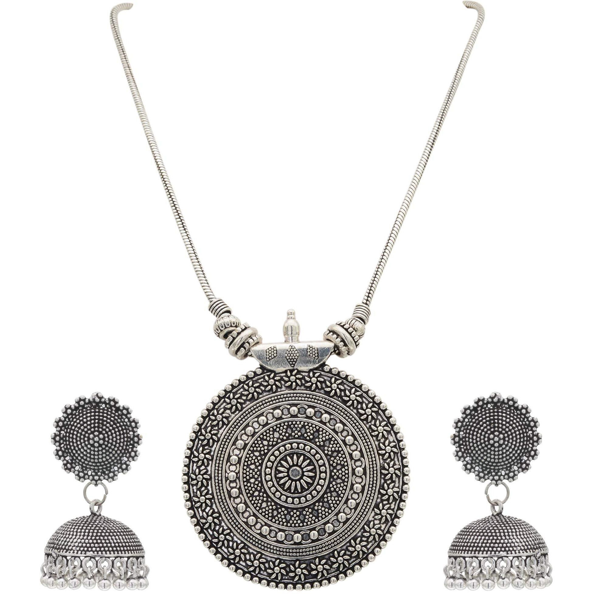 Sasitrends Oxidised German Silver Pendant Necklace with Earrings for Women and Girls