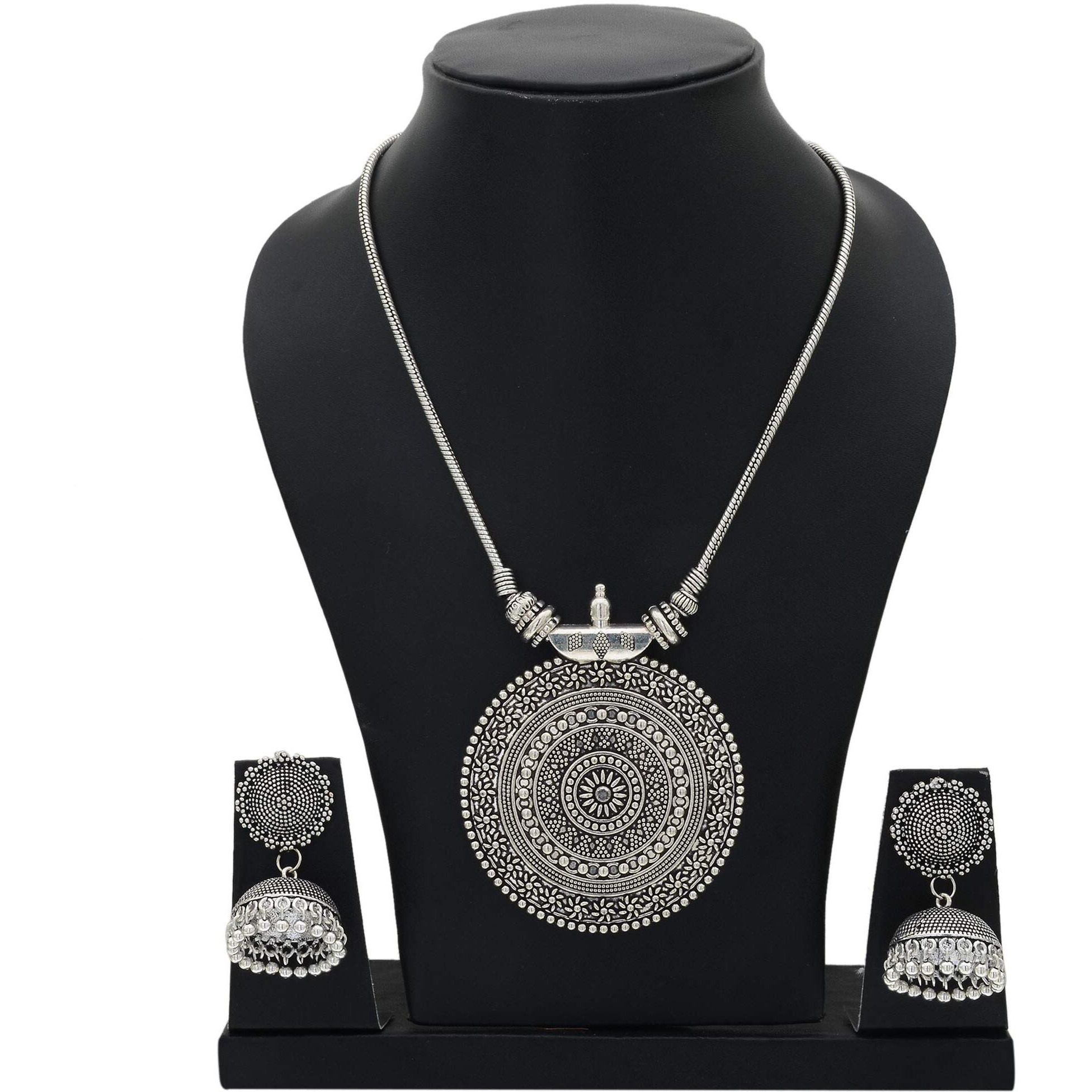 Sasitrends Oxidised German Silver Pendant Necklace with Earrings for Women and Girls