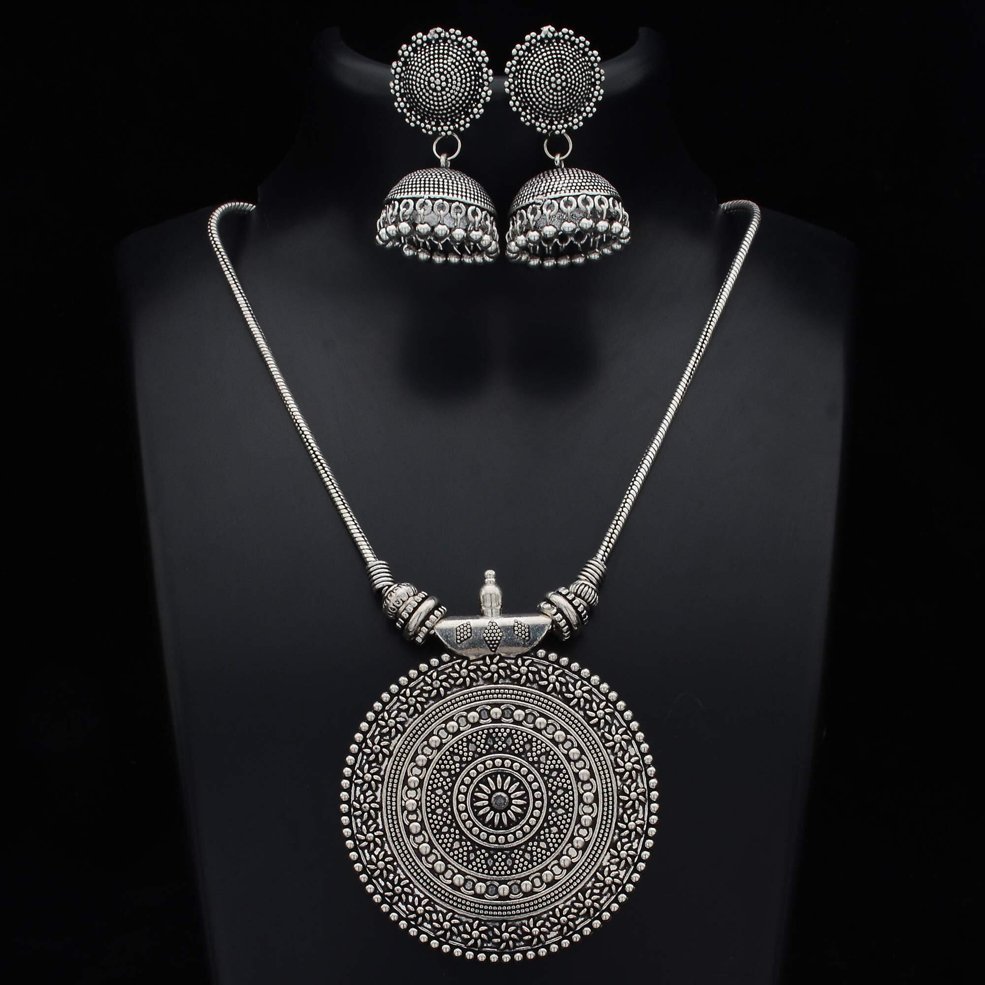 Sasitrends Oxidised German Silver Pendant Necklace with Earrings for Women and Girls