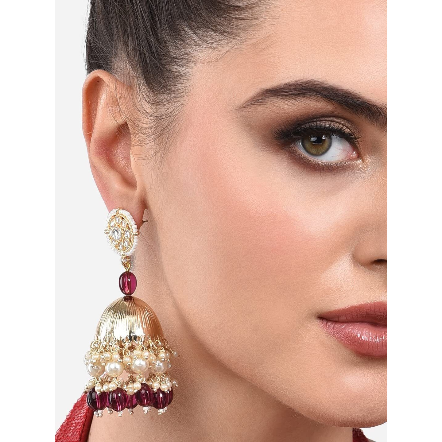 Zaveri Pearls Wine Beads Drop Traditional Kundan Yellow Gold Jhumki Earring For Women-ZPFK13785