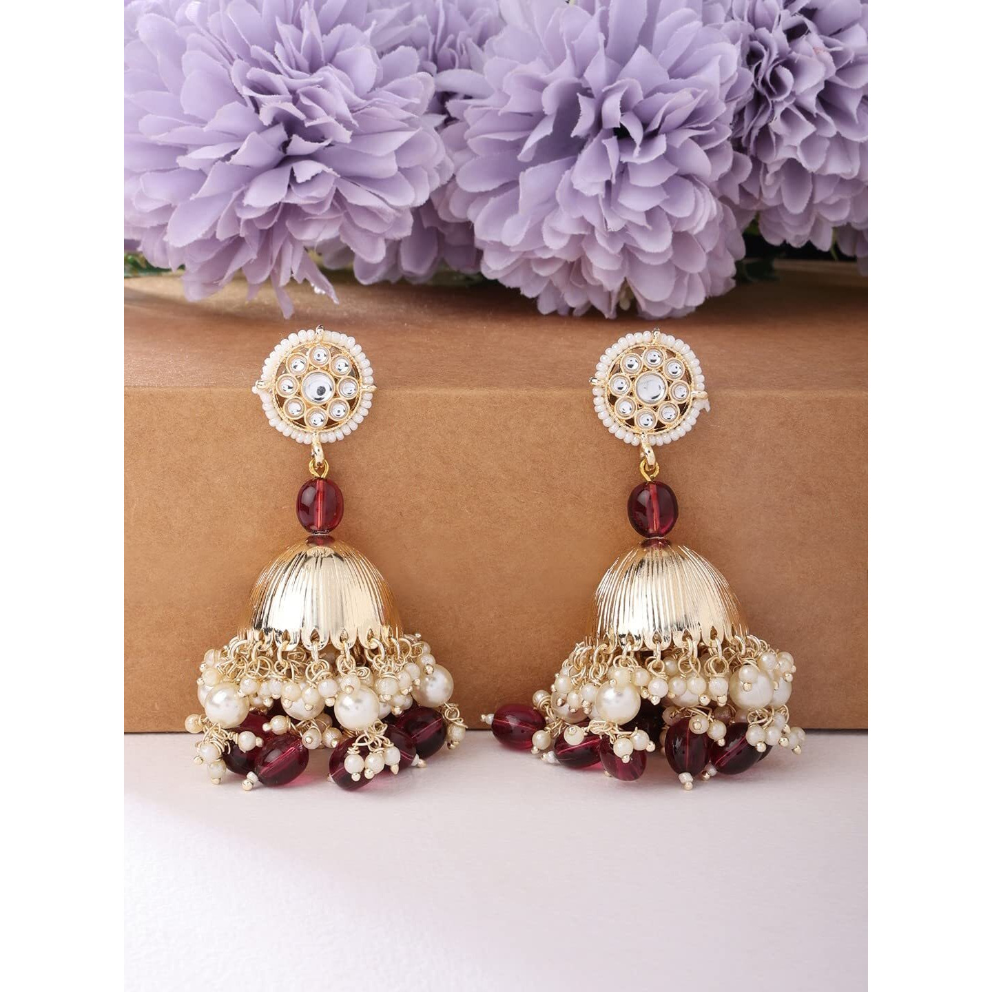 Zaveri Pearls Wine Beads Drop Traditional Kundan Yellow Gold Jhumki Earring For Women-ZPFK13785