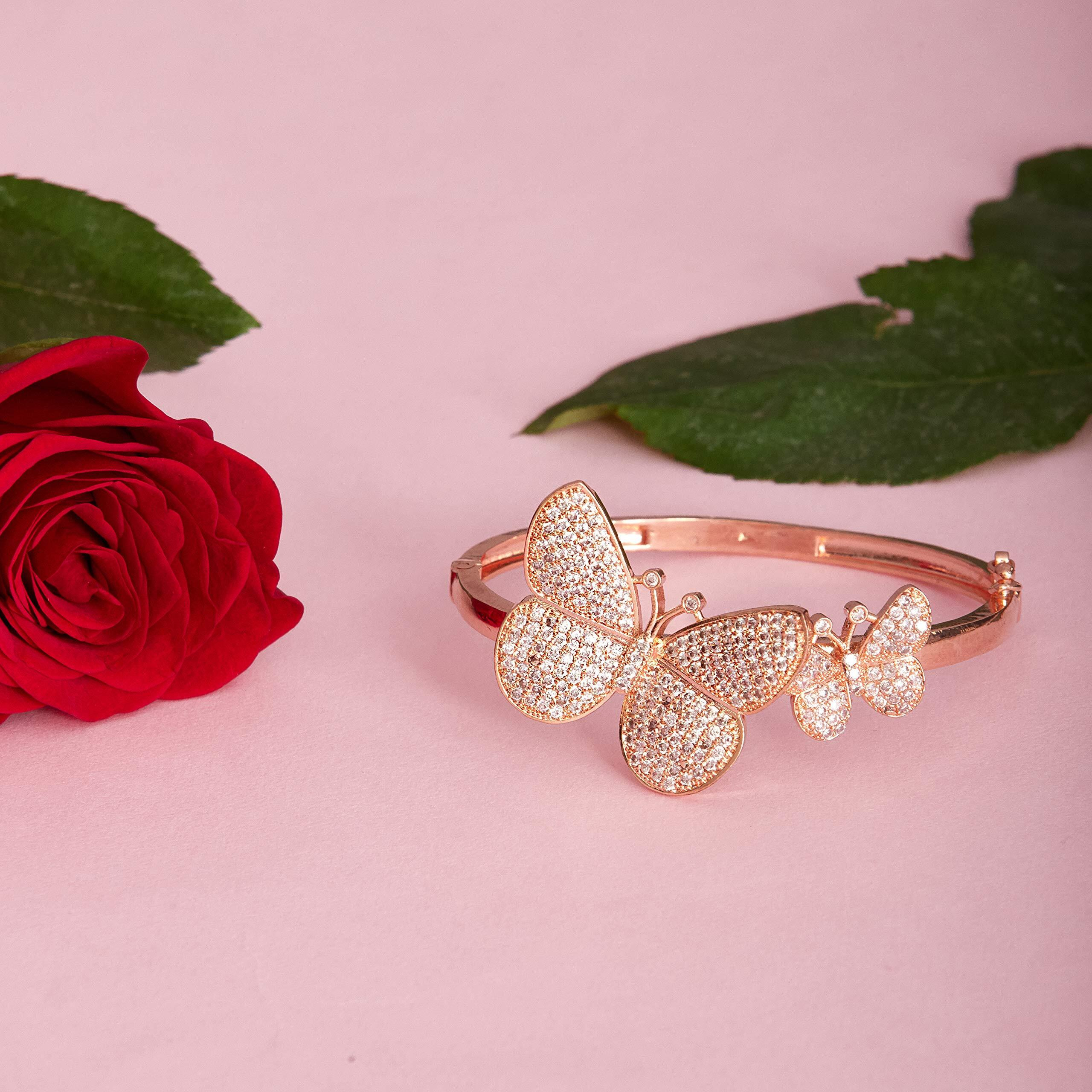 ZENEME Bracelet Rose Gold Plated American Diamond Studded Charming Butterfly Bracelet Jewellery for Women & Girls