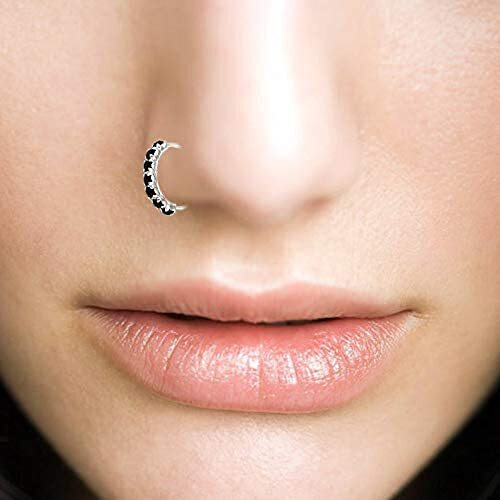 abhooshan 92.5 Sterling Silver Designer Cubic Zirconia CZ Stone Nose Ring for Women and Girls for Pierced Nose. (Silver Nose Rings With Black Cubic Zirconia Stone)