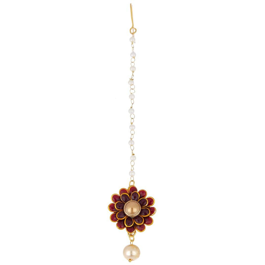 Zeneme Jewellery Flower Style Exclusive Cute Gold Plated Maang Tikka (Maroon)