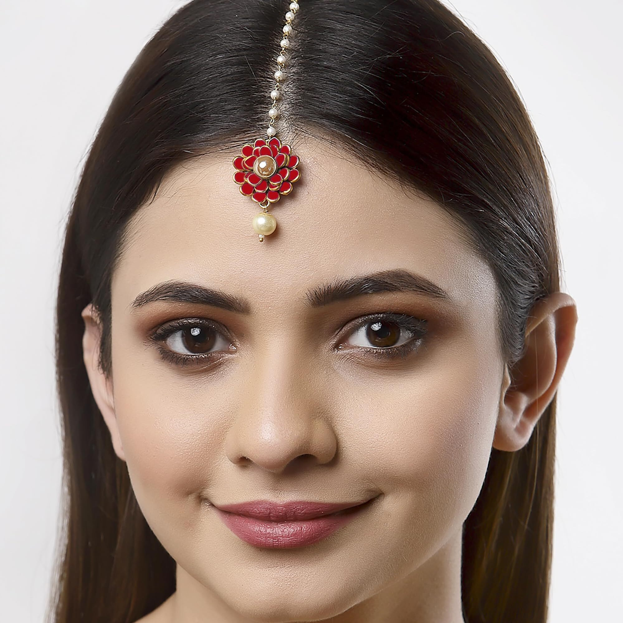 Zeneme Jewellery Flower Style Exclusive Cute Gold Plated Maang Tikka (Maroon)