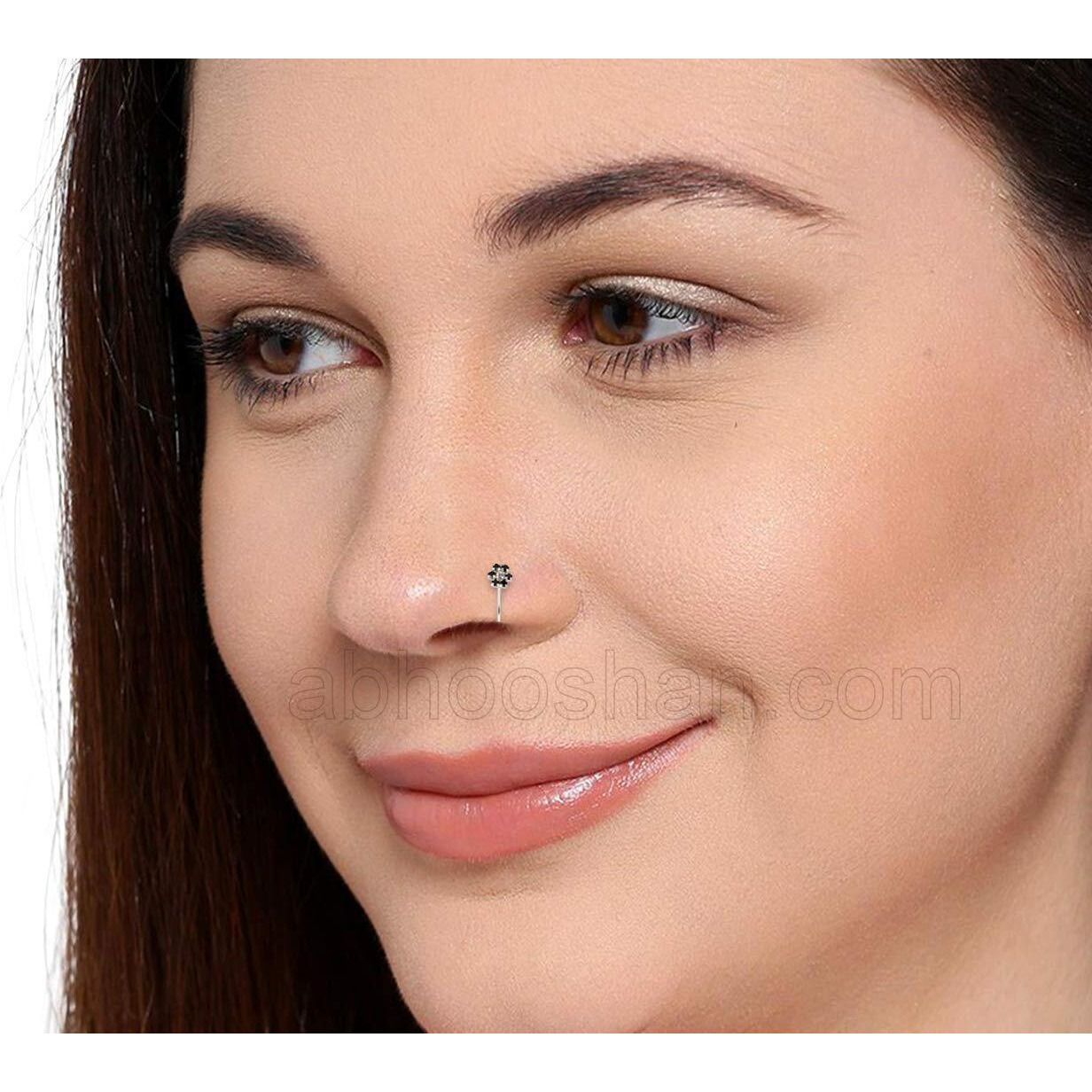 abhooshan 92.5 Sterling Silver Light Weighted Clip On Faux Nose Pin CZ Stones Nose Pin without Piercing for Girls and Women | With Certificate of Authenticity (Designer Black Zirconia Flower)