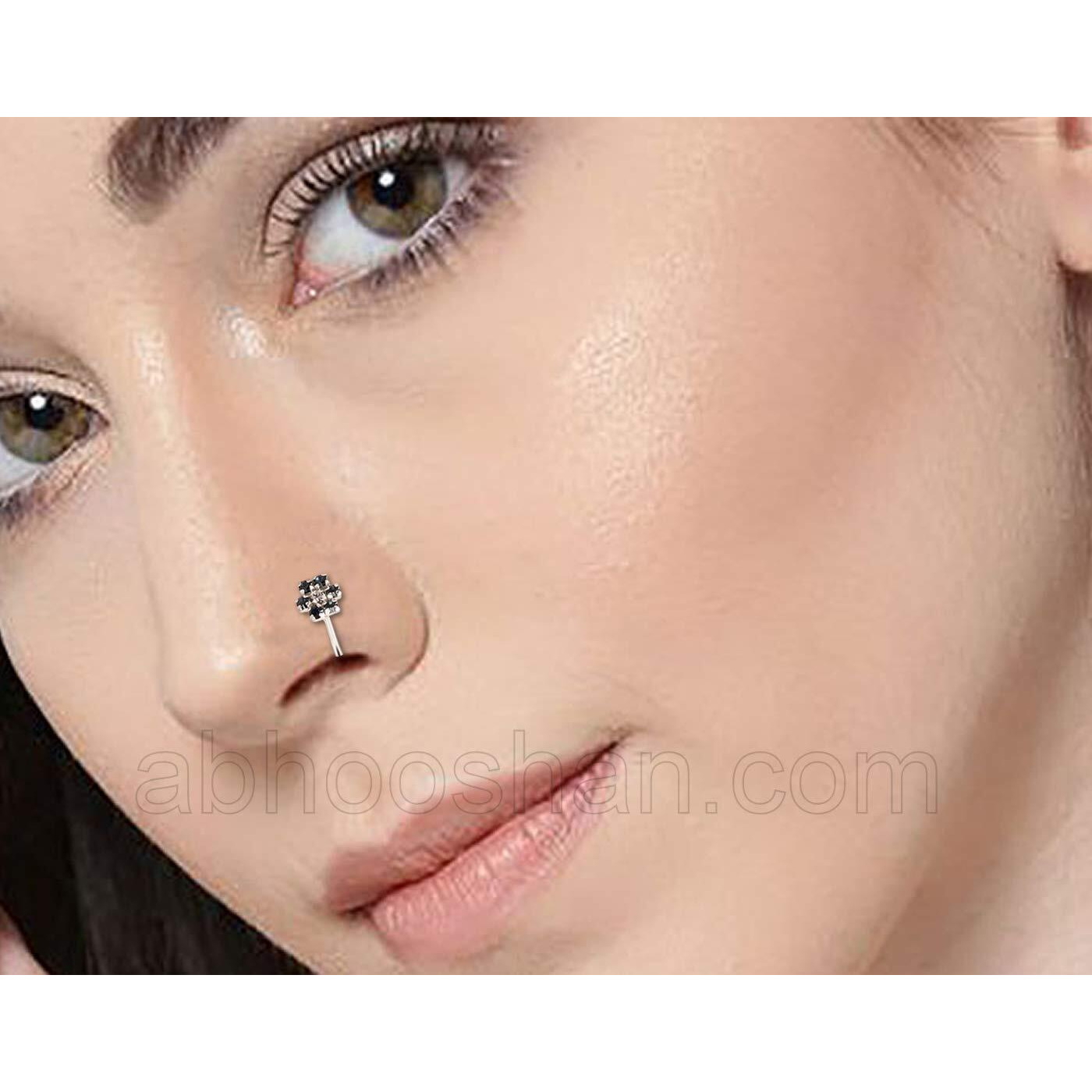 abhooshan 92.5 Sterling Silver Light Weighted Clip On Faux Nose Pin CZ Stones Nose Pin without Piercing for Girls and Women | With Certificate of Authenticity (Designer Black Zirconia Flower)