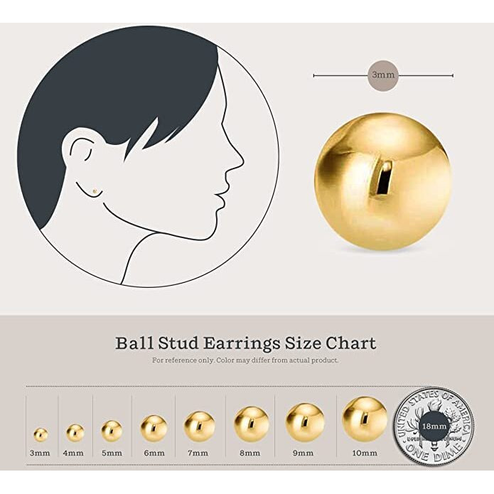 abhooshan 925 Sterling Silver & Gold Plated Piercing Ball Stud Earrings For Helix Cartilage Tragus Ear Lobe Multi Piercing|With Certificate For Unisex-Adult (14K Gold Plated Sterling Silver, 3Mm)