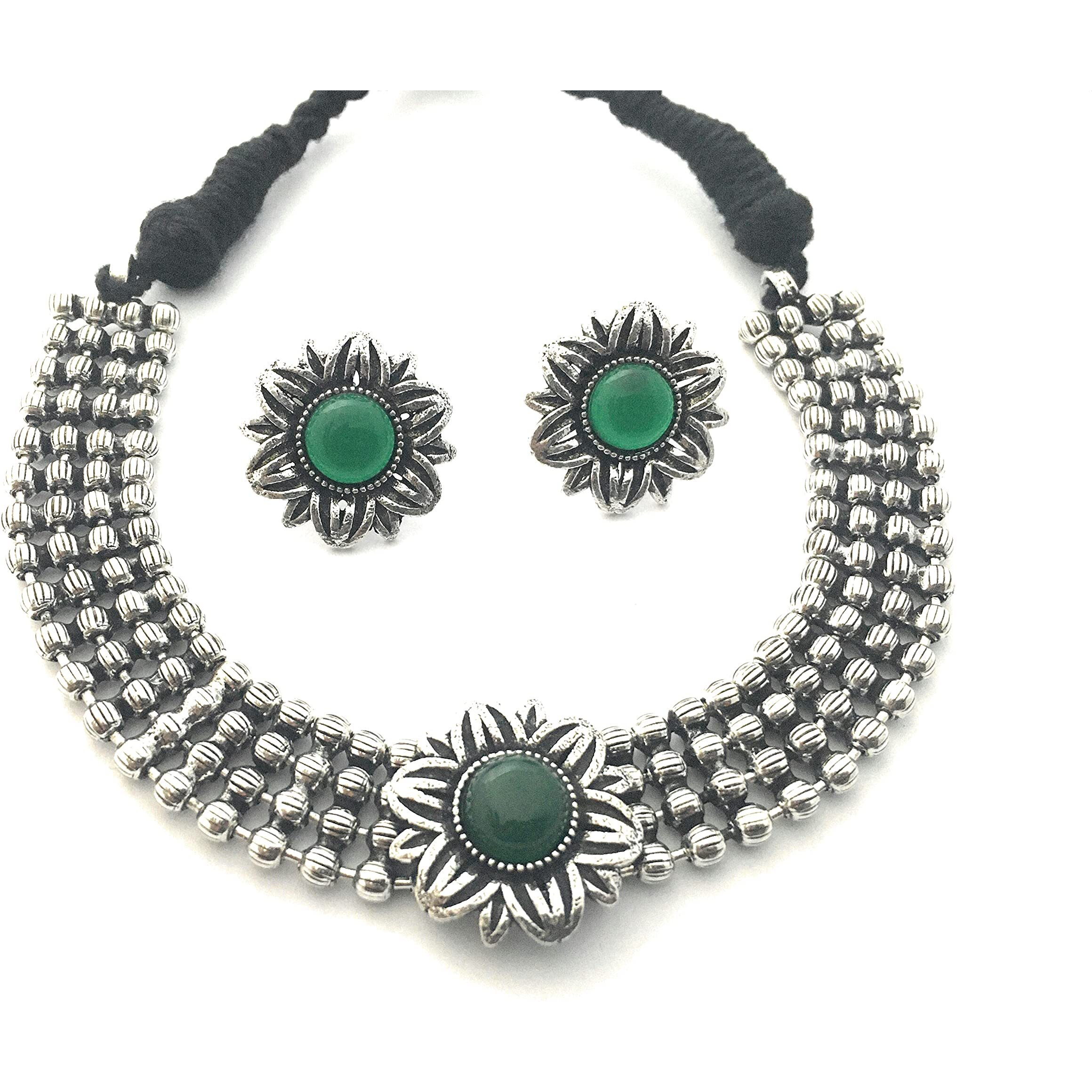 Sasitrends Oxidized German Silver Choker Necklace with Earrings for Women and Girls