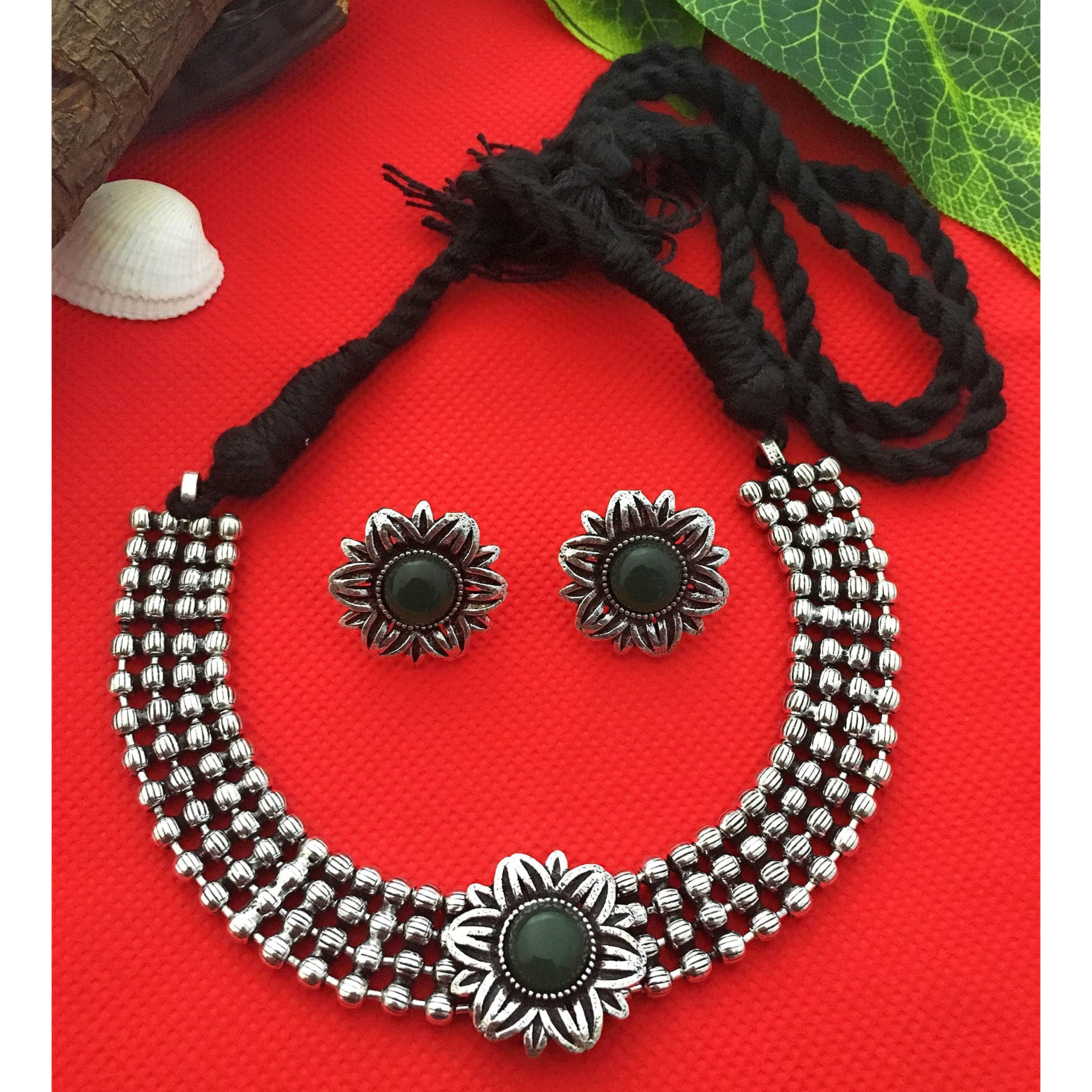 Sasitrends Oxidized German Silver Choker Necklace with Earrings for Women and Girls