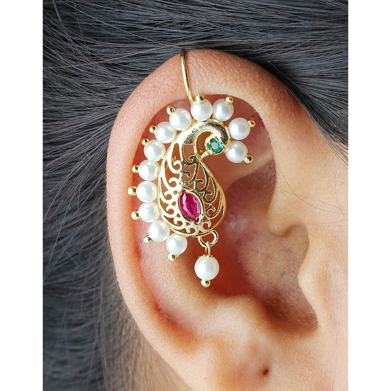 Vama Fashions Half Moon Or Peacock Shape Maharashtrian Traditional Press on Bugadi Upper Ear Clip on Earrings for Women & Girls (Peacock B)
