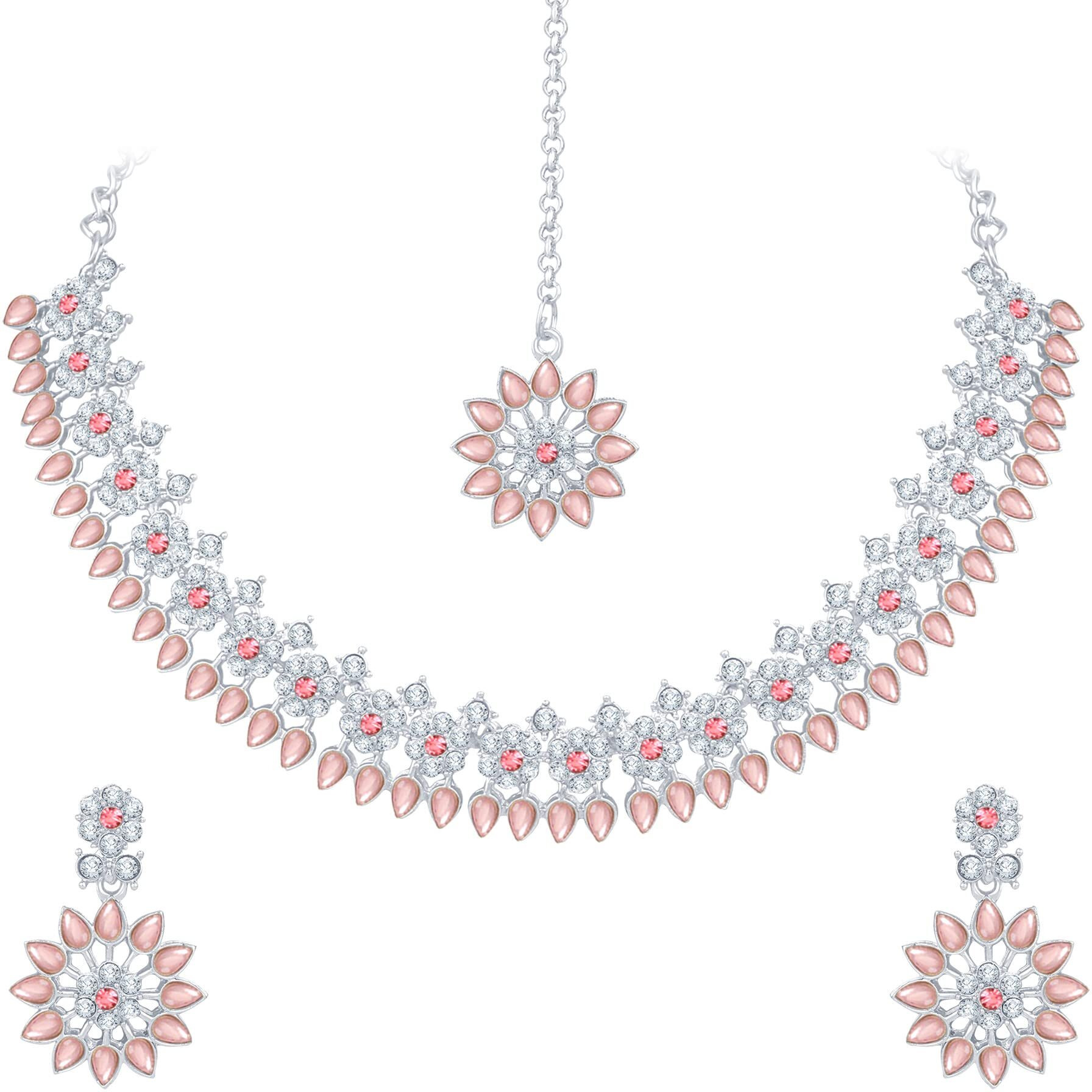 Atasi International Floral Silver Plated Pastel Pink Cystals Jewellery Set for Women with Earrings (RP5744)
