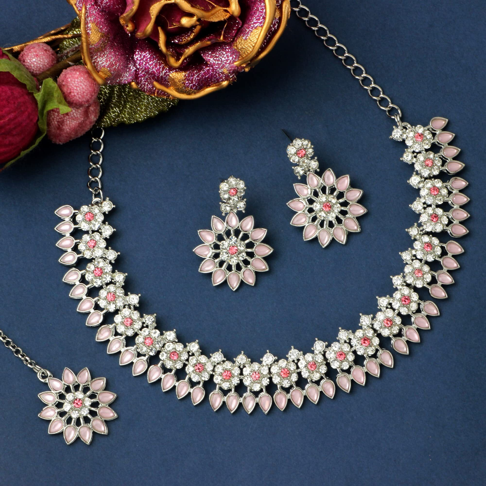 Atasi International Floral Silver Plated Pastel Pink Cystals Jewellery Set for Women with Earrings (RP5744)