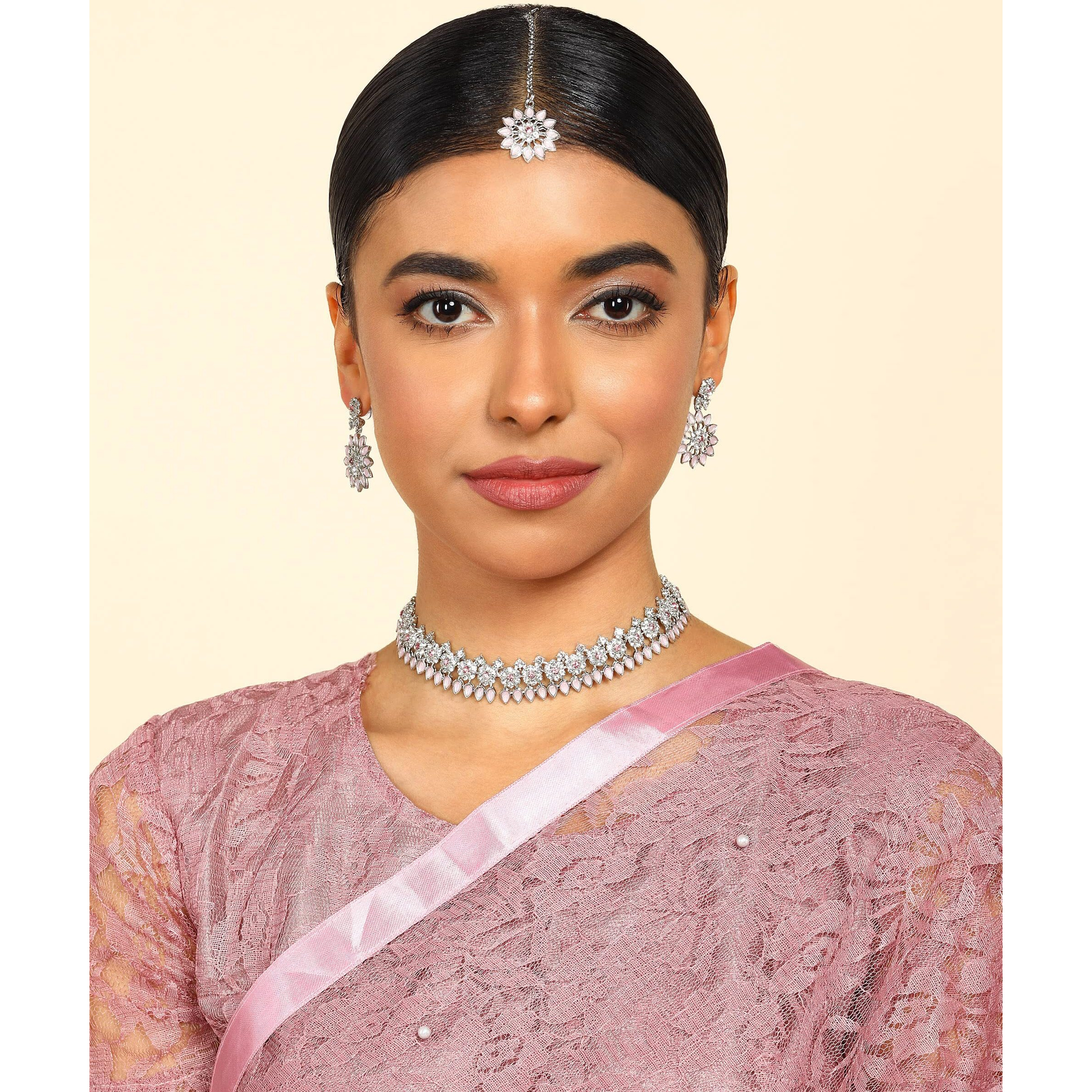 Atasi International Floral Silver Plated Pastel Pink Cystals Jewellery Set for Women with Earrings (RP5744)