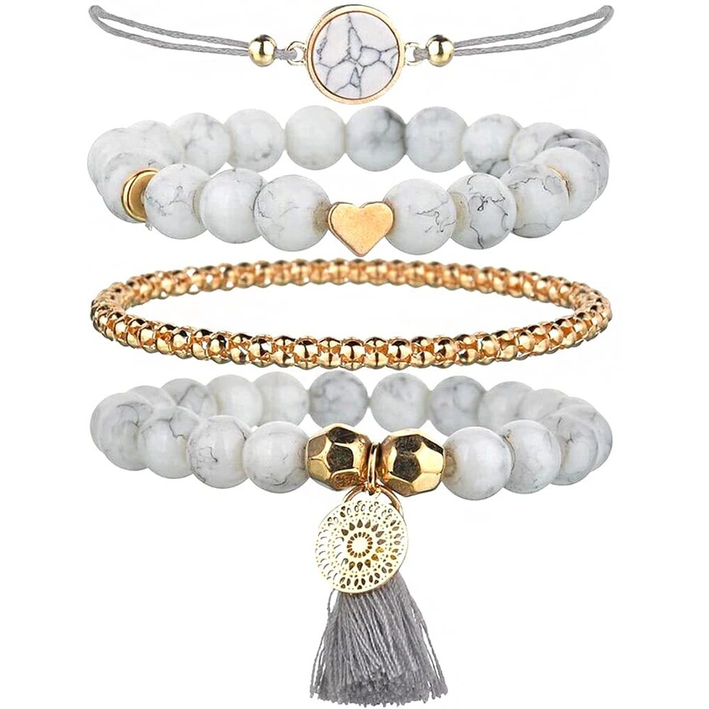 Yellow Chimes Bracelet for Women and Girls Fashion White Beads Bracelets for Women | 4 Pcs Stackable Bead Bracelet | Stretch Beaded Layered Bracelet | Birthday Gift For girls and Women