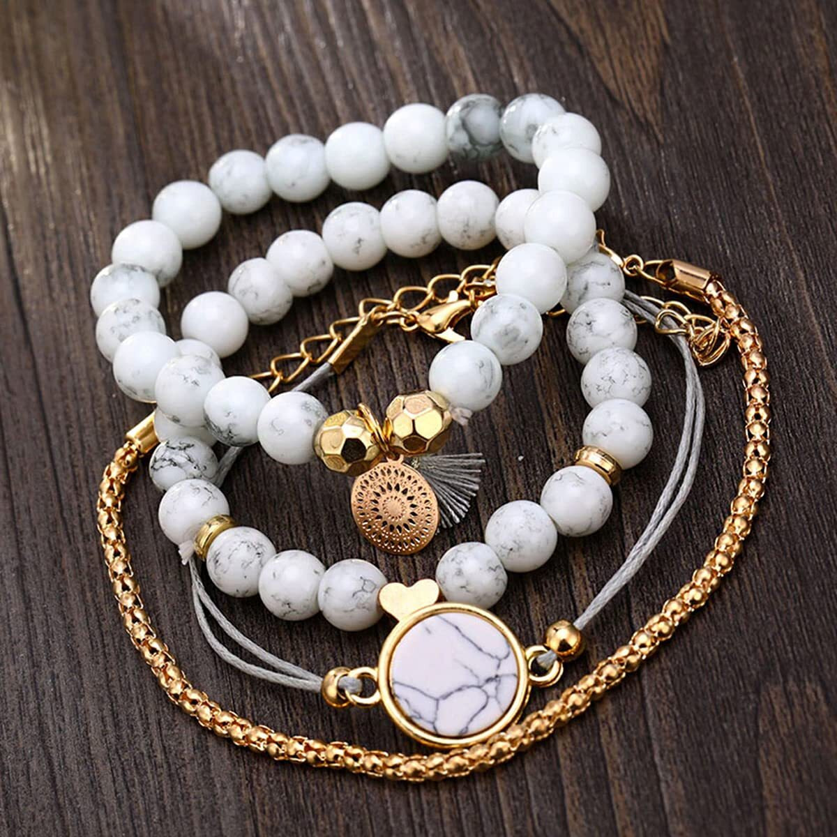 Yellow Chimes Bracelet for Women and Girls Fashion White Beads Bracelets for Women | 4 Pcs Stackable Bead Bracelet | Stretch Beaded Layered Bracelet | Birthday Gift For girls and Women