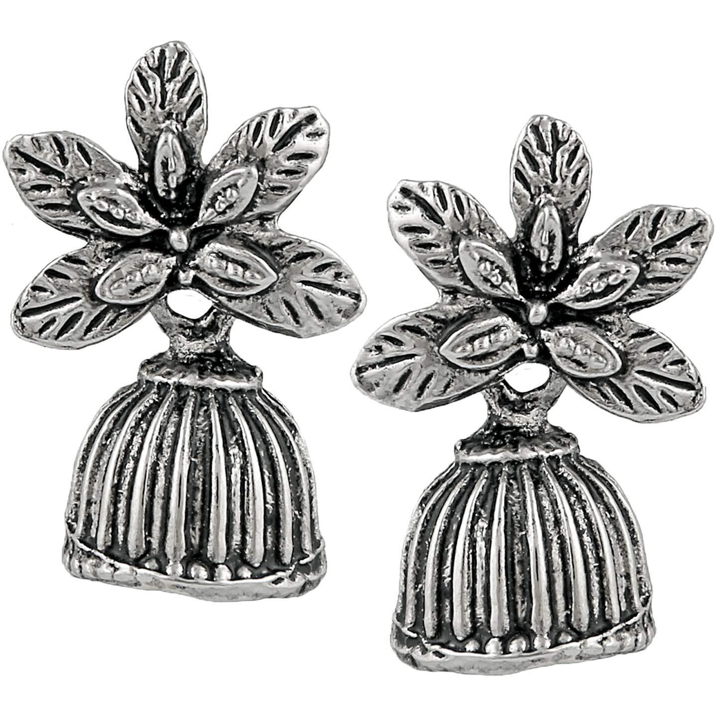 Mahi Silver Oxidized Traditional Floral Jhumka Earrings for Women and Girls ER1109680R