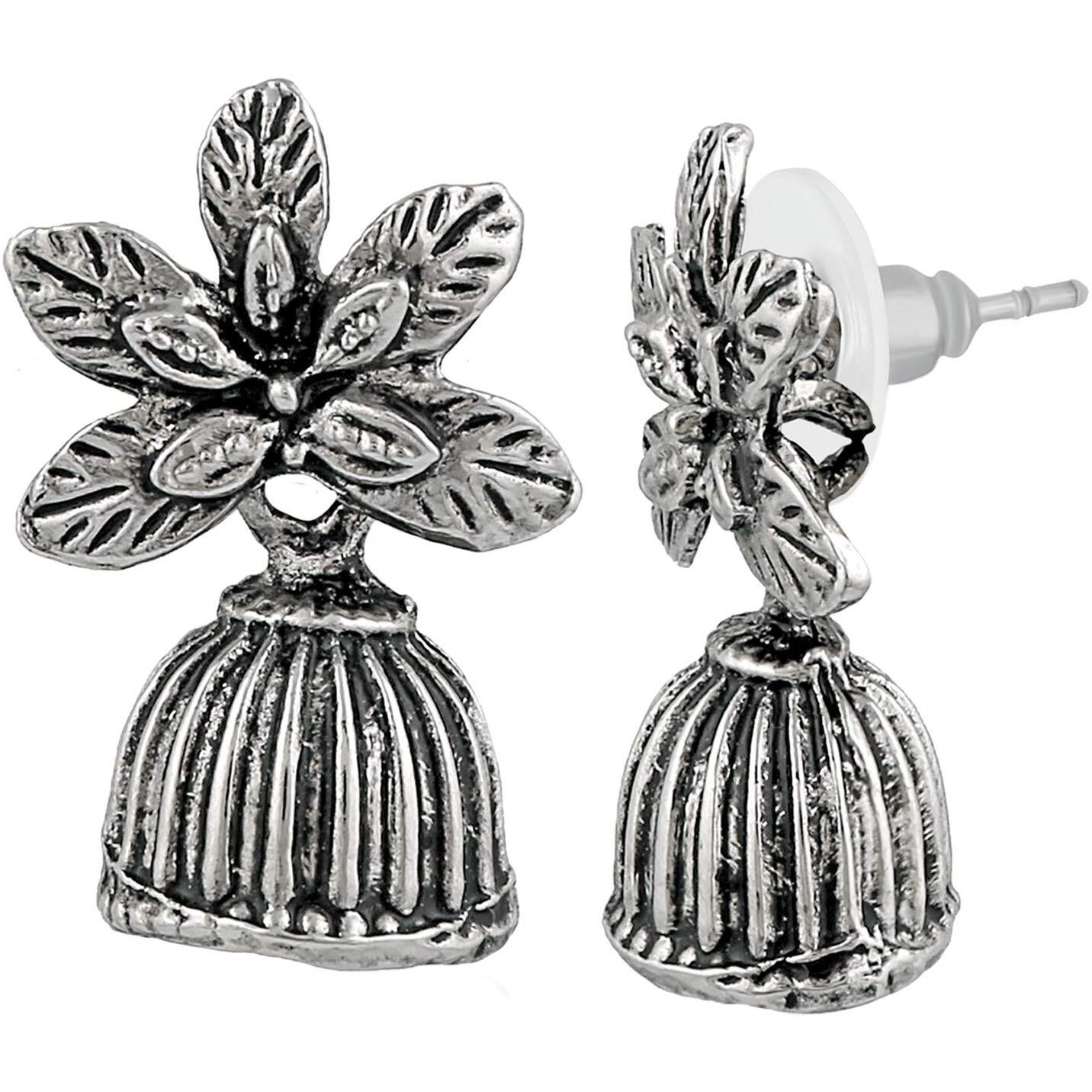 Mahi Silver Oxidized Traditional Floral Jhumka Earrings for Women and Girls ER1109680R
