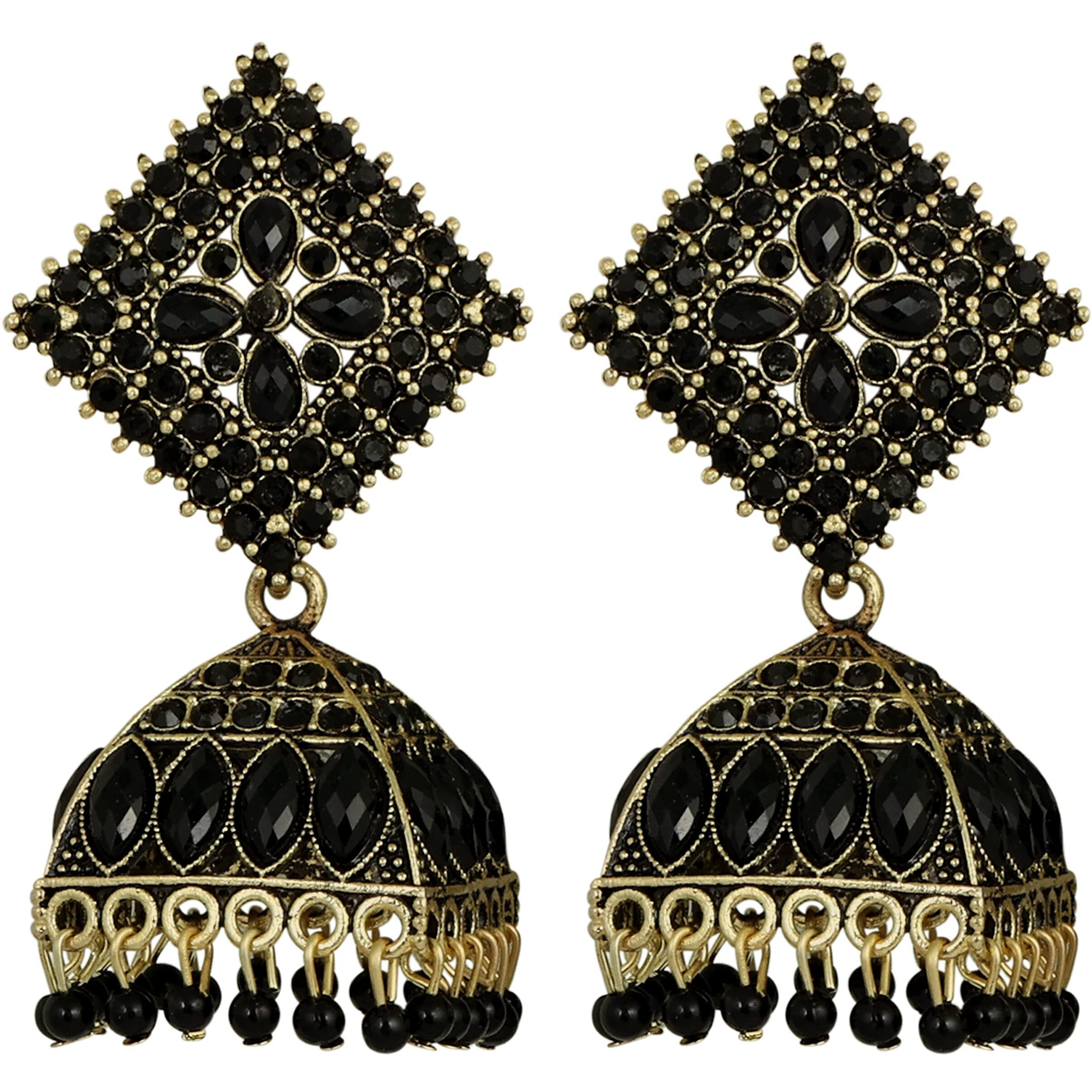 Fashion Frill Elegant Earrings For Women Black Floral Design Gold Plated Cubic Zirconia Jhumka Earrings Gift For Sister
