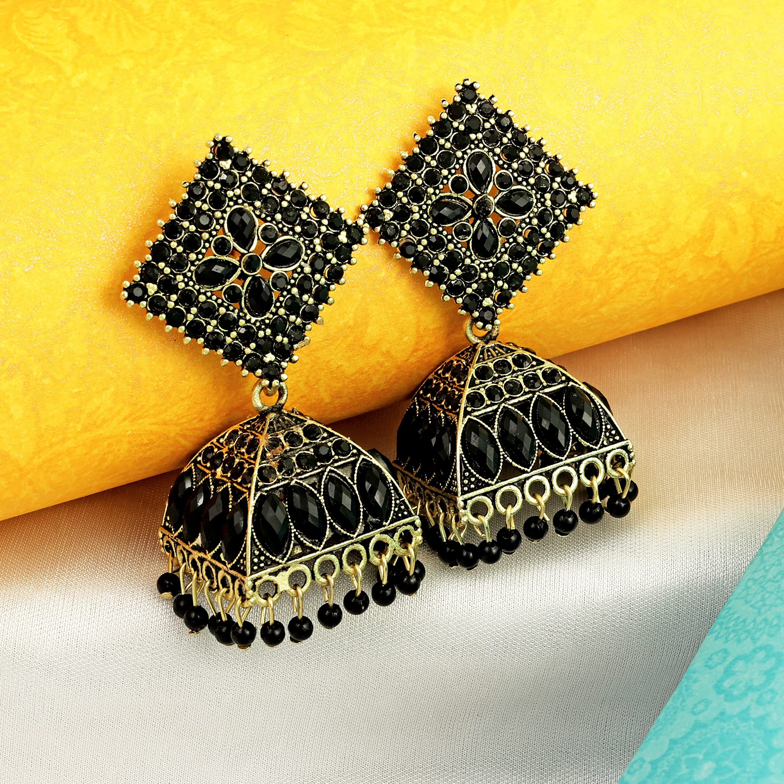 Fashion Frill Elegant Earrings For Women Black Floral Design Gold Plated Cubic Zirconia Jhumka Earrings Gift For Sister