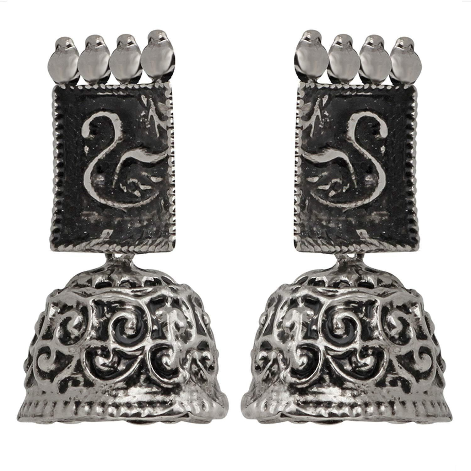 Mahi Rectangular Shape Silver Oxidized Traditional Small Dangle Jhumka Earrings for Women and Girls ER1109649R