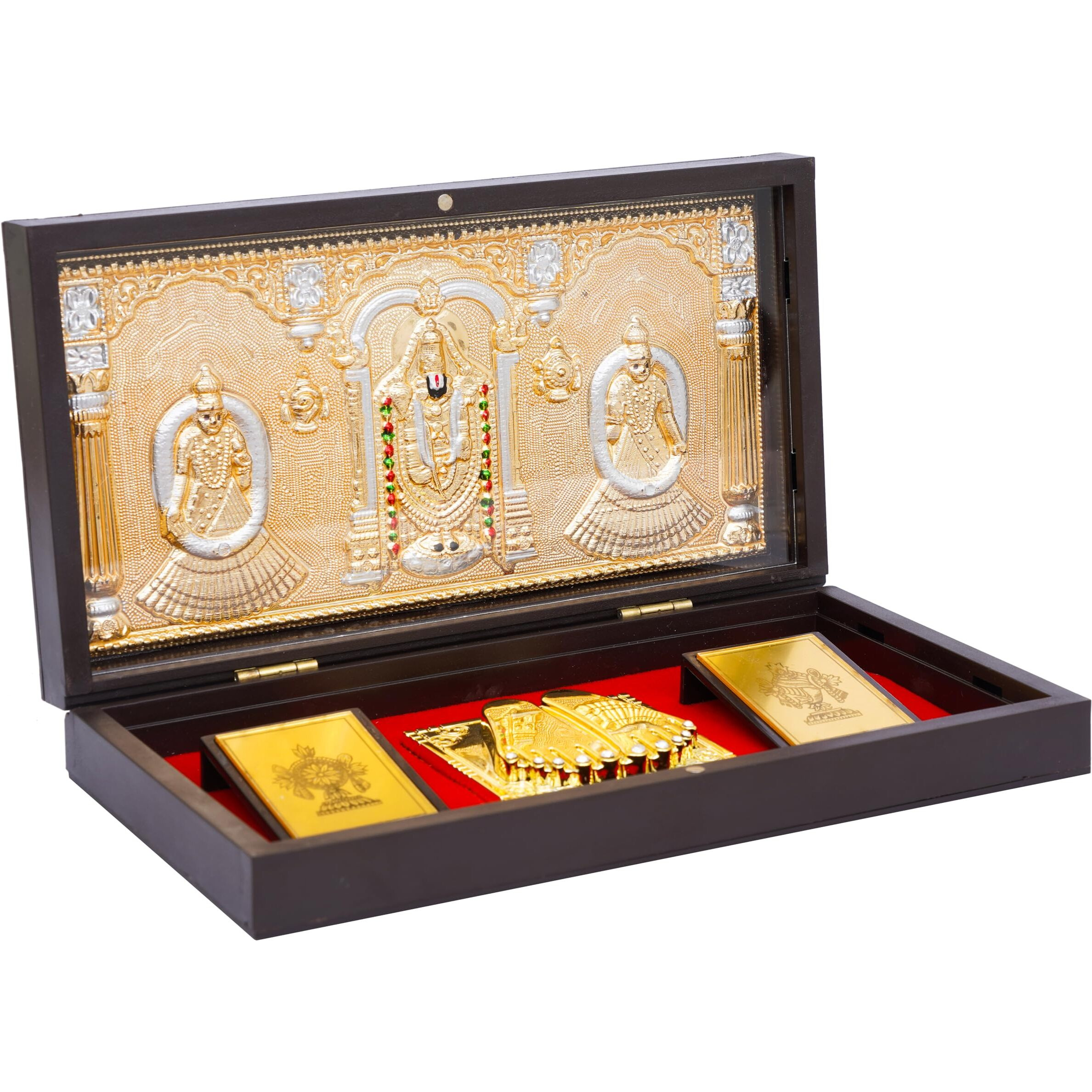 NAITIK CREATION Tirupati Balaji Gold Plated Photo Frame with Charan Paduka Pocket Temple for Diwali Gift House Warming Gifts Return Gift Puja Box