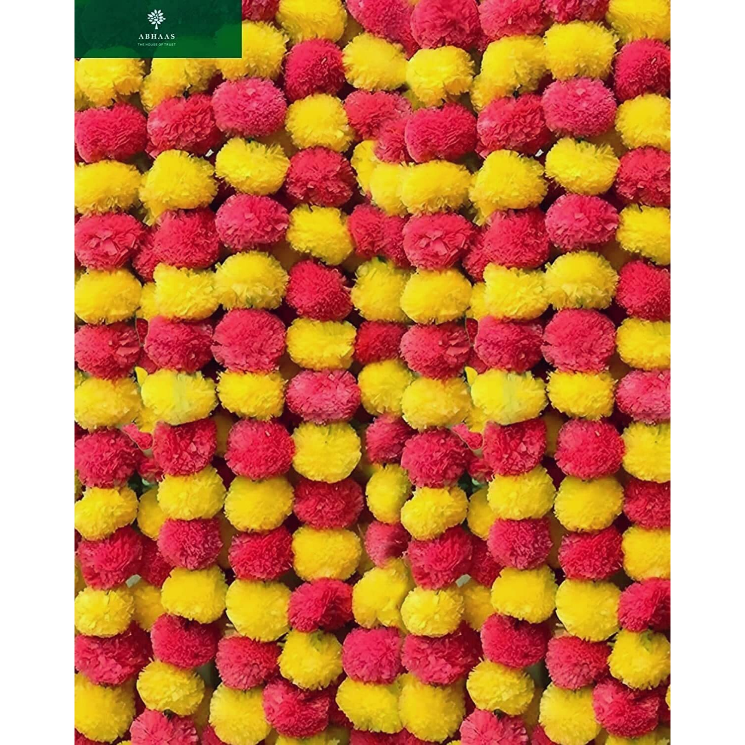 Abhaas Artificial Marigold Fluffy Flowers For Decoration Garlands For Decoration Pooja Room Toran Indian Genda Phool For Wedding Festivals Diwali Pongal /4.7 Feet/Set Of 10 Mala (Yellow-Red), 6 CM