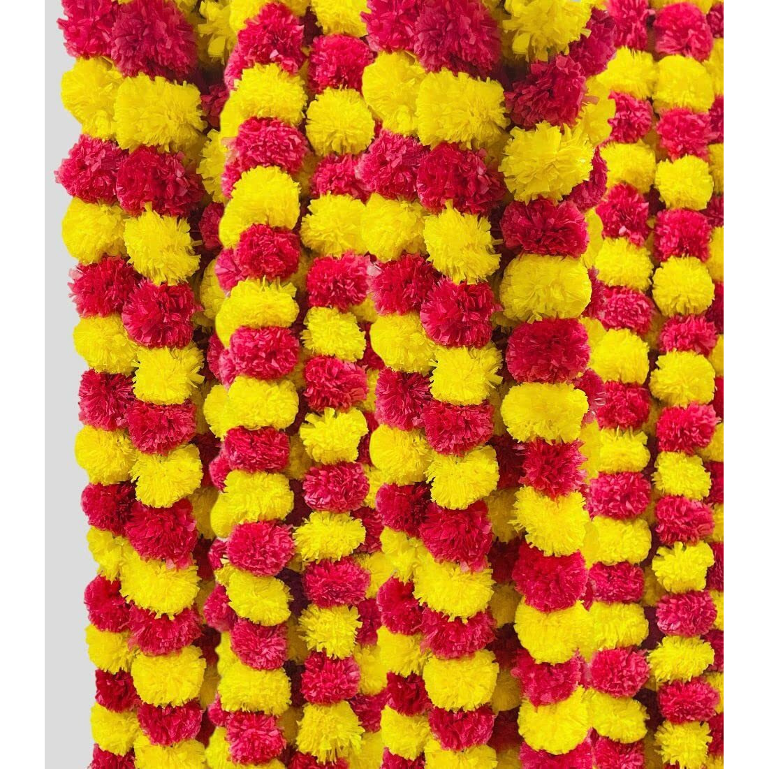 Abhaas Artificial Marigold Fluffy Flowers For Decoration Garlands For Decoration Pooja Room Toran Indian Genda Phool For Wedding Festivals Diwali Pongal /4.7 Feet/Set Of 10 Mala (Yellow-Red), 6 CM
