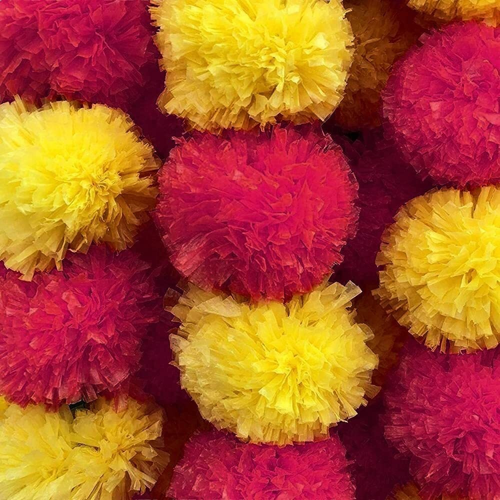 Abhaas Artificial Marigold Fluffy Flowers For Decoration Garlands For Decoration Pooja Room Toran Indian Genda Phool For Wedding Festivals Diwali Pongal /4.7 Feet/Set Of 10 Mala (Yellow-Red), 6 CM