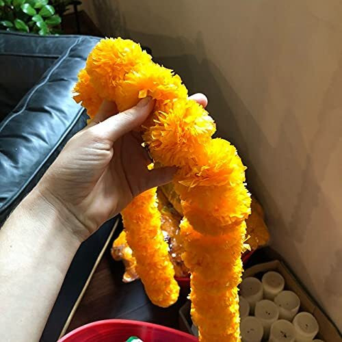 ABHAAS Artificial Marigold Flowers for Decoration Long Marigold Garlands for Decoration Toran genda phool for Diwali Wedding & Festivals (4.7 ft, Light Orange,5 Strings)