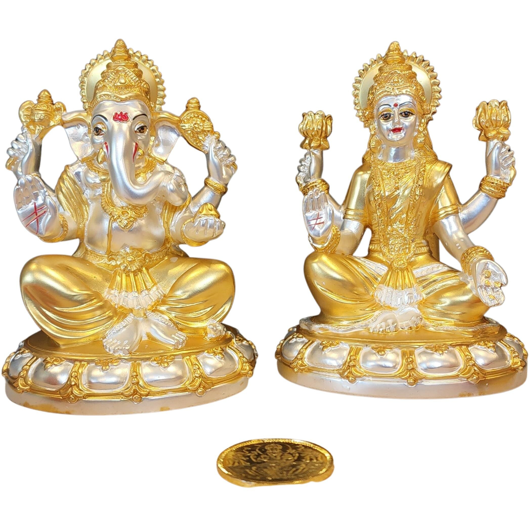 Gold Art India Two Tone Matte (Gold & Silver) Round Base Laxmi Ganesha with Gold Plated Coin | Diwali & Festival Gift Set (ROUNDBASELAXGANTWOTONEMATTE5)