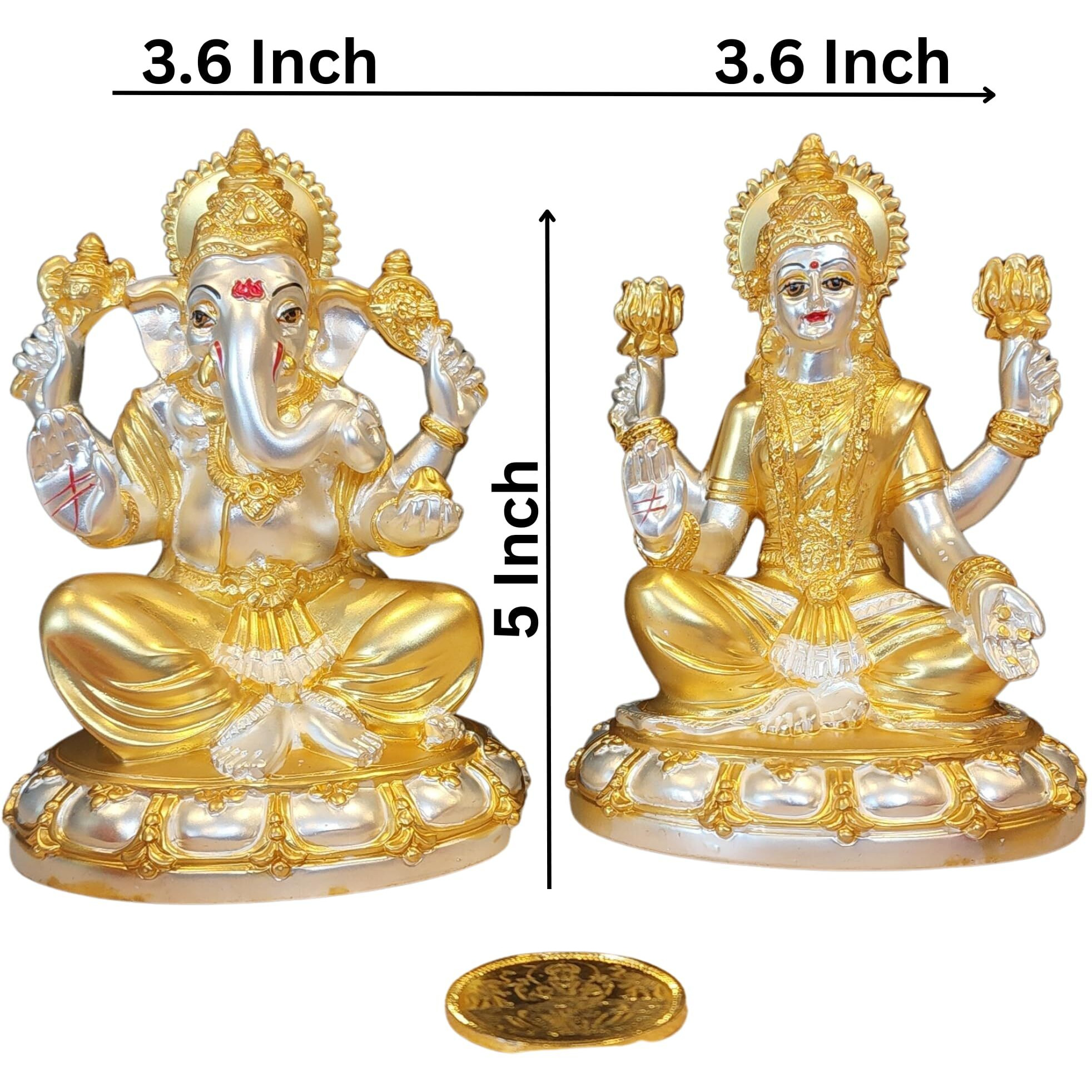 Gold Art India Two Tone Matte (Gold & Silver) Round Base Laxmi Ganesha with Gold Plated Coin | Diwali & Festival Gift Set (ROUNDBASELAXGANTWOTONEMATTE5)