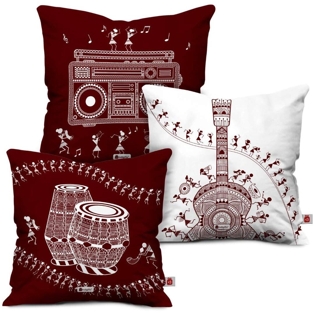 Indigifts Printed Sofa Cushion Covers 18 Inch X 18 Inch Music Lovers Warli Art Designer Square Pillow Set of 3 - Diwali Decoration for Home, Gift for Artistic/Music Lover Friend