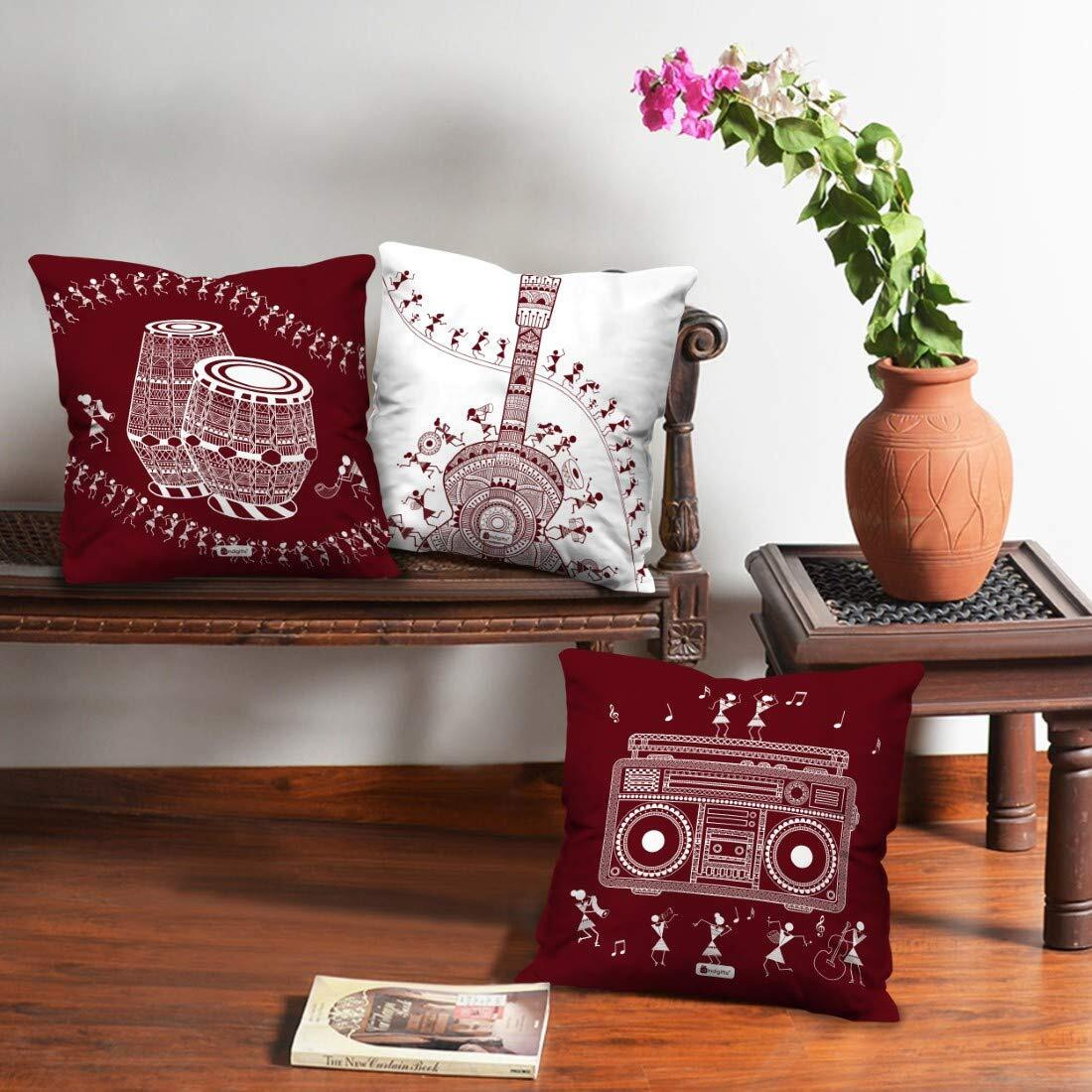 Indigifts Printed Sofa Cushion Covers 18 Inch X 18 Inch Music Lovers Warli Art Designer Square Pillow Set of 3 - Diwali Decoration for Home, Gift for Artistic/Music Lover Friend
